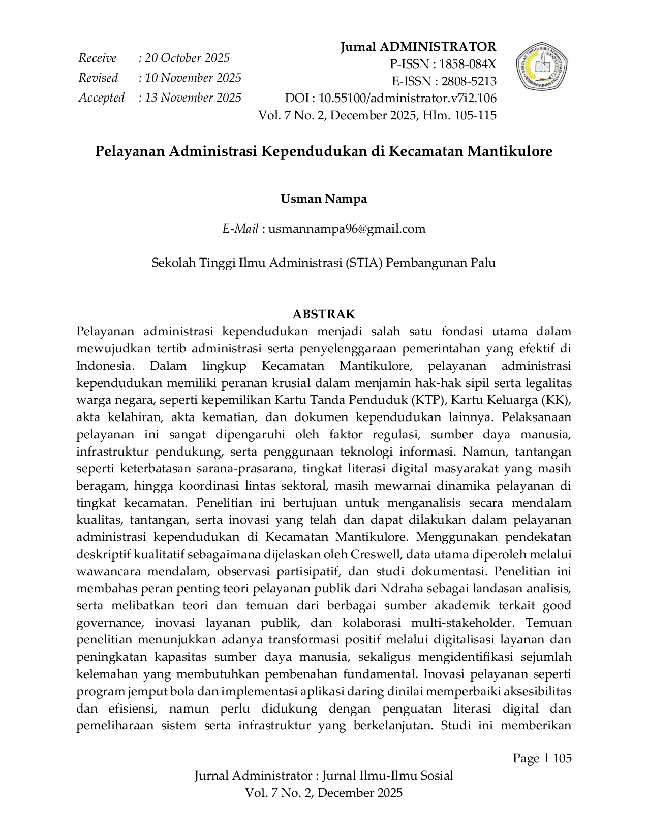 JURIS Pelayanan Administrasi Kependudukan di Kecamatan Mantikulore