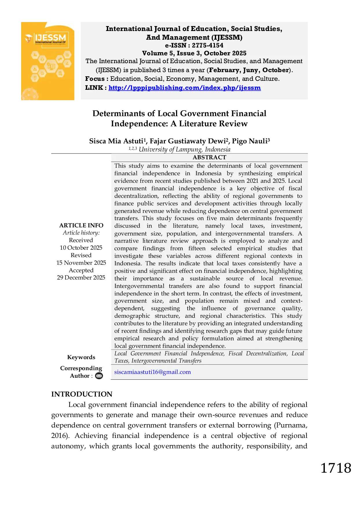 JURIS Determinants of Local Government Financial Independence A Literature Review