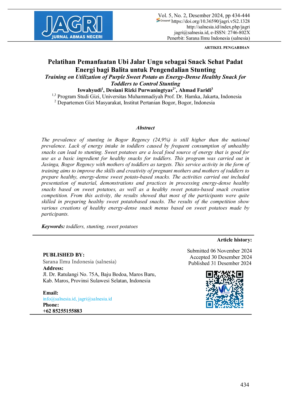 JURIS Pelatihan Pemanfaatan Ubi Jalar Ungu sebagai Snack Sehat Padat Energi bagi Balita untuk Pengendalian Stunting