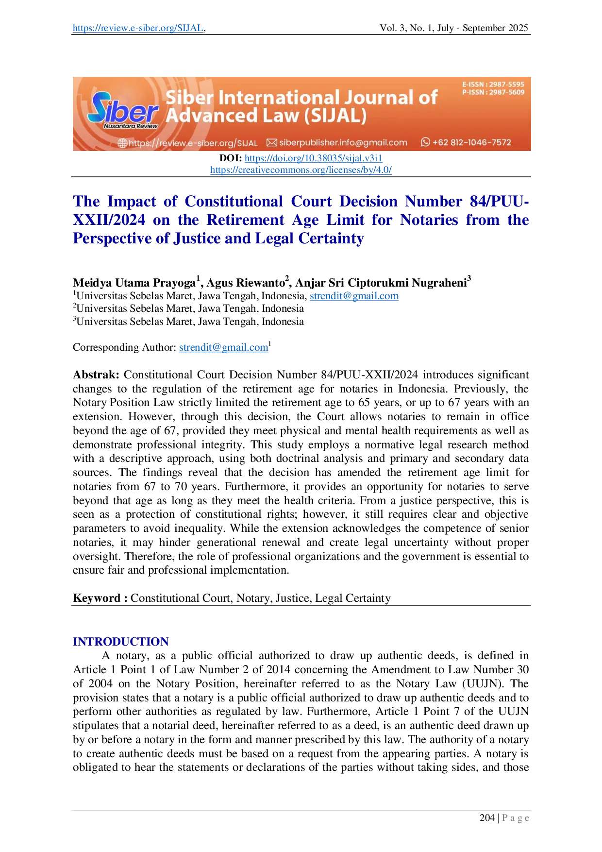 JURIS The Impact of Constitutional Court Decision Number 84 PUU XXII 2024 on the Retirement Age Limit for Notaries from the Perspective of Justice and Legal Certainty