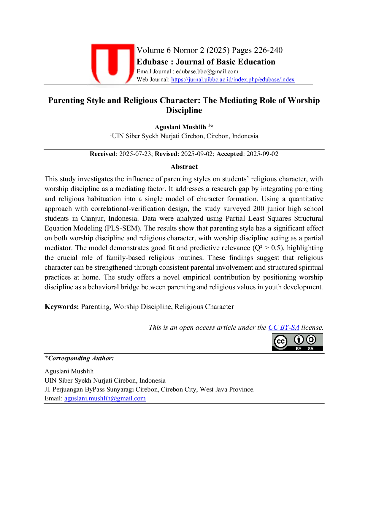 JURIS Parenting Style and Religious Character The Mediating Role of Worship Discipline