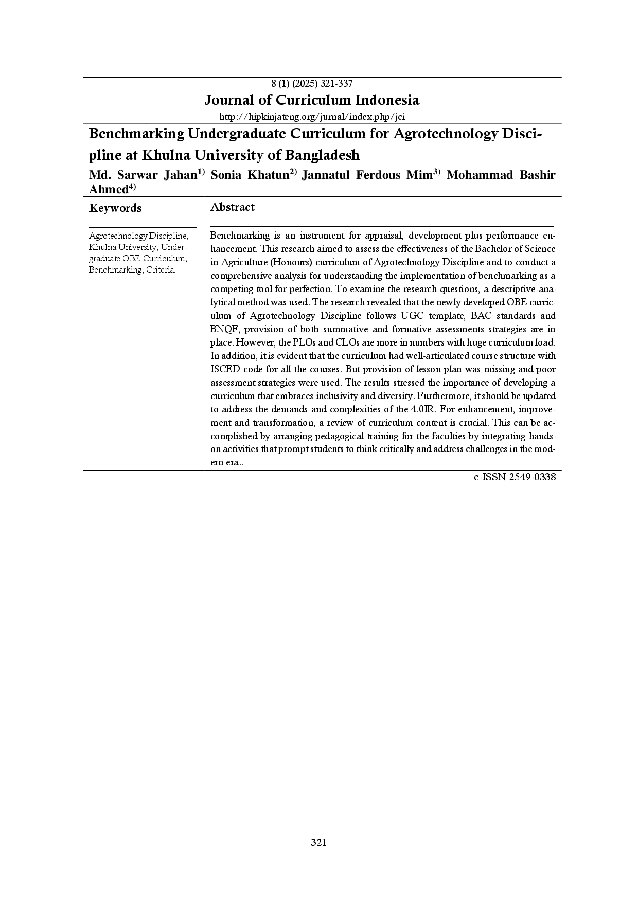 juris Benchmarking Undergraduate Curriculum for Agrotechnology Discipline at Khulna University of Bangladesh