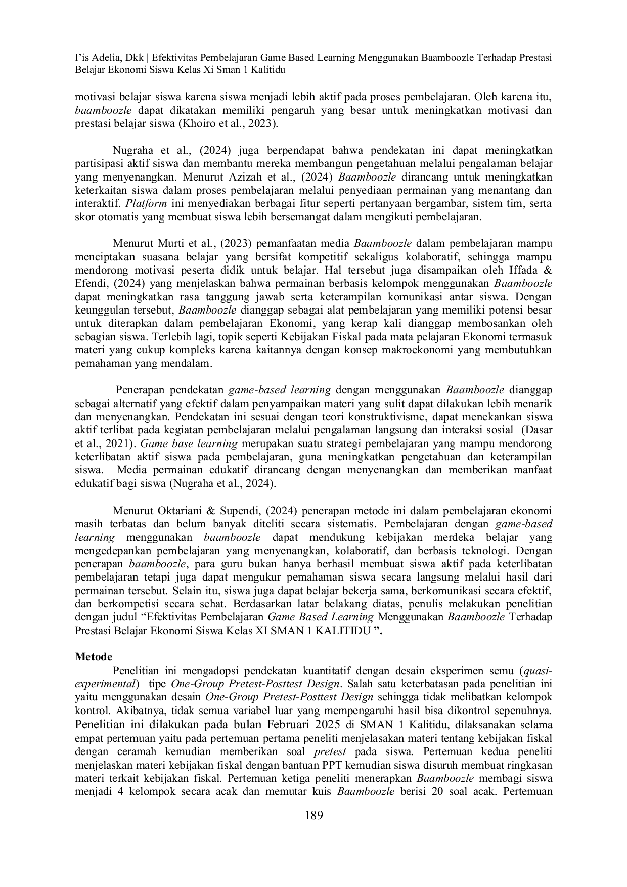 JURIS Efektivitas Pembelajaran Game Based Learning Menggunakan Baamboozle Terhadap Prestasi Belajar Ekonomi Siswa Kelas XI SMAN 1 Kalitidu