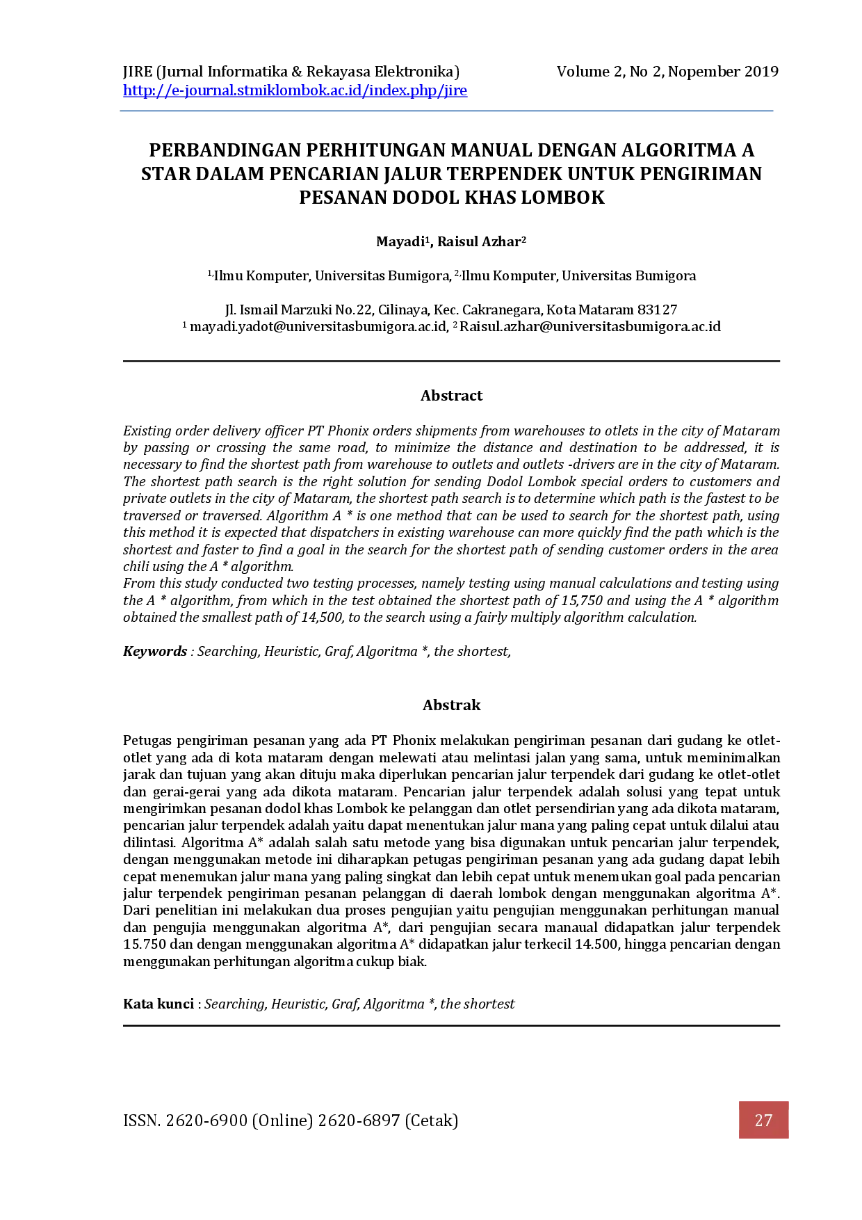 JURIS Perbandingan Perhitungan Manual Dengan Algoritma A Star Dalam Pencarian Jalur Terpendek Untuk Pengiriman Pesanan Dodol Khas Lombok