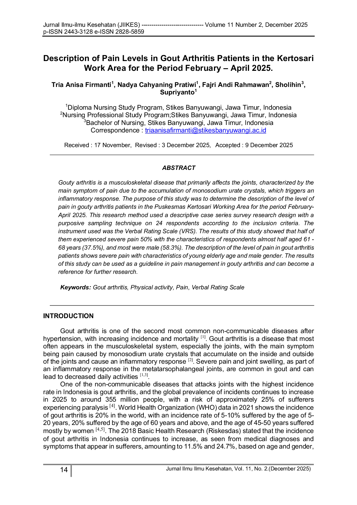 JURIS Description of Pain Levels in Gout Arthritis Patients in the Kertosari Work Area for the Period February April 2025