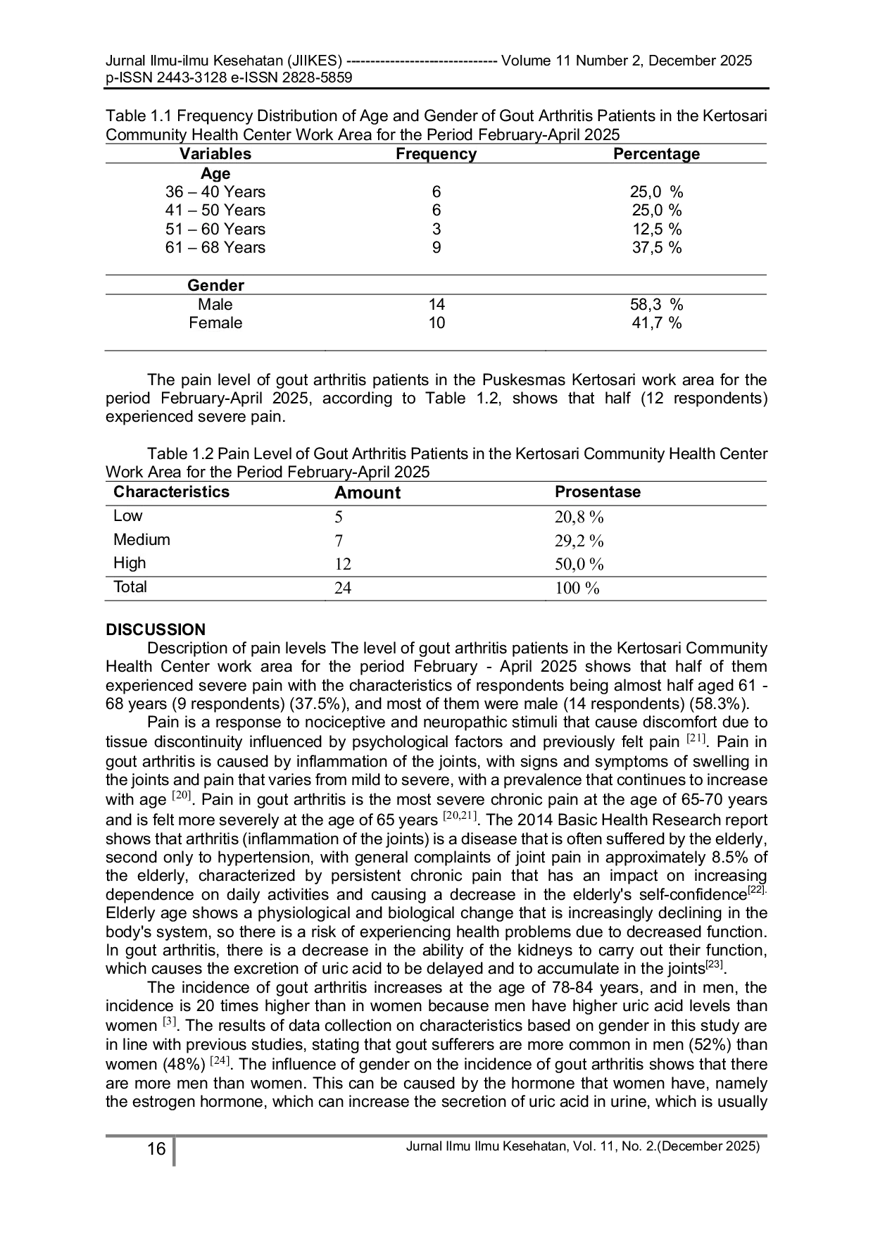 JURIS Description of Pain Levels in Gout Arthritis Patients in the Kertosari Work Area for the Period February April 2025