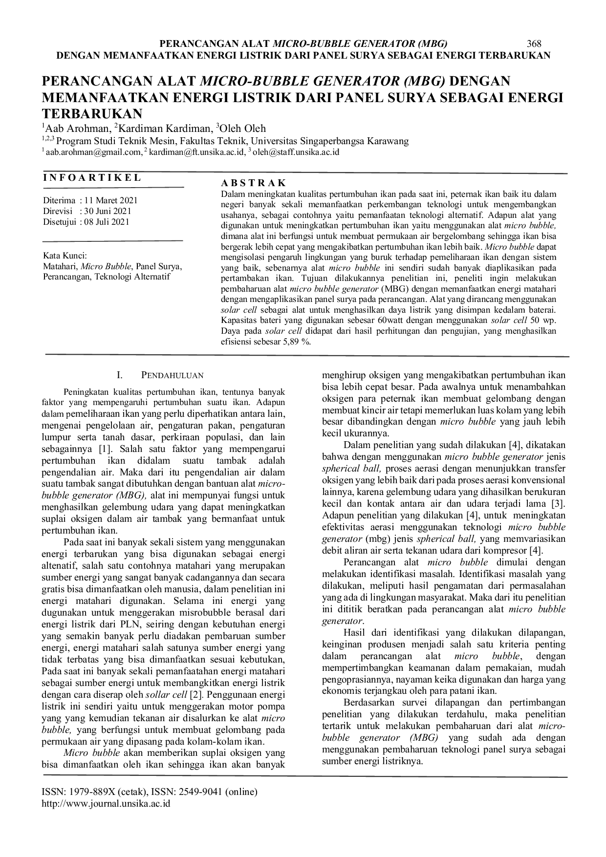 JURIS Dengan Memanfaatkan Energi Listrik dari Panel Surya sebagai Energi Terbarukan Perancangan Alat Micro Bubble Generator MBG