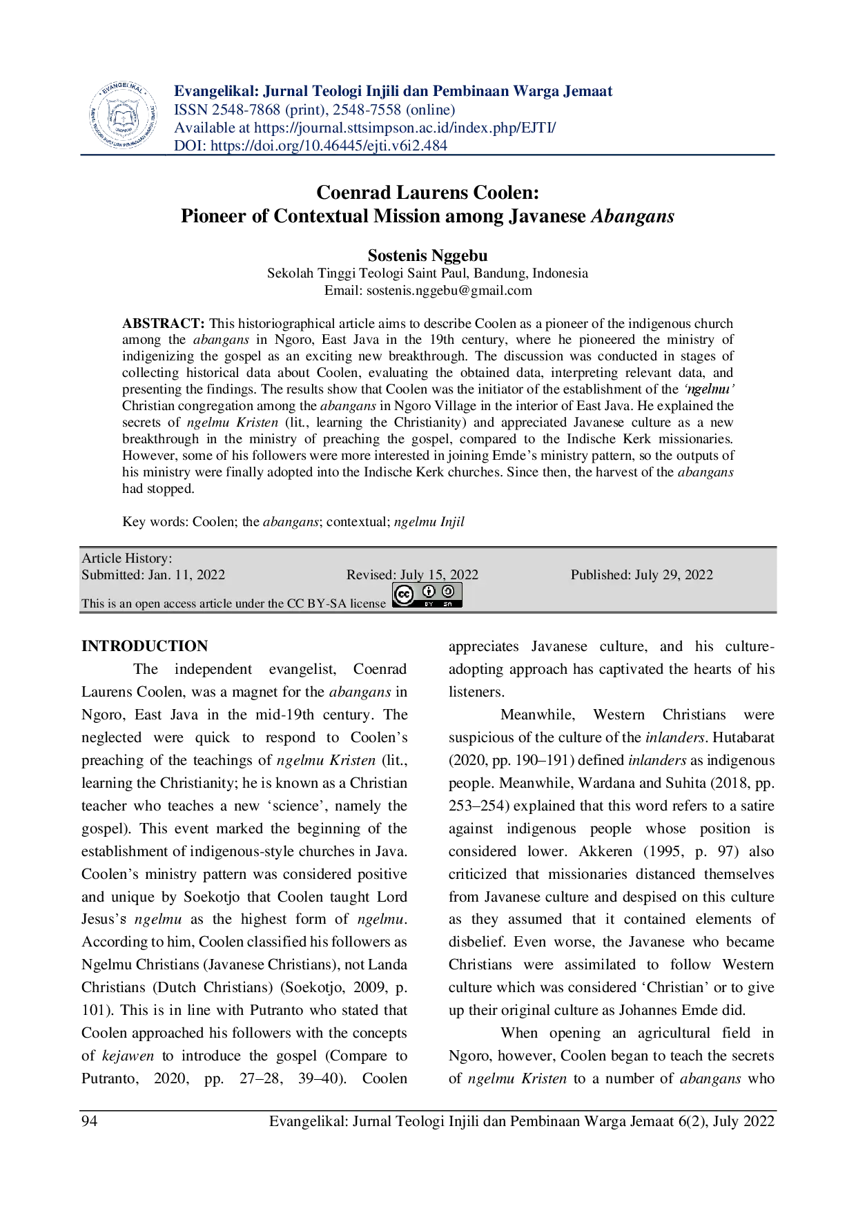 juris Coenrad Laurens Coolen Pioneer of Contextual Mission among Javanese Abangans