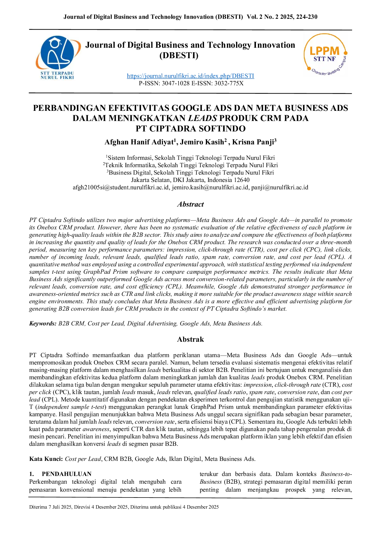 JURIS Comparison of the Effectiveness of Google Ads and Meta Business Ads in Increasing CRM Product Leads at PT Ciptadra Softindo