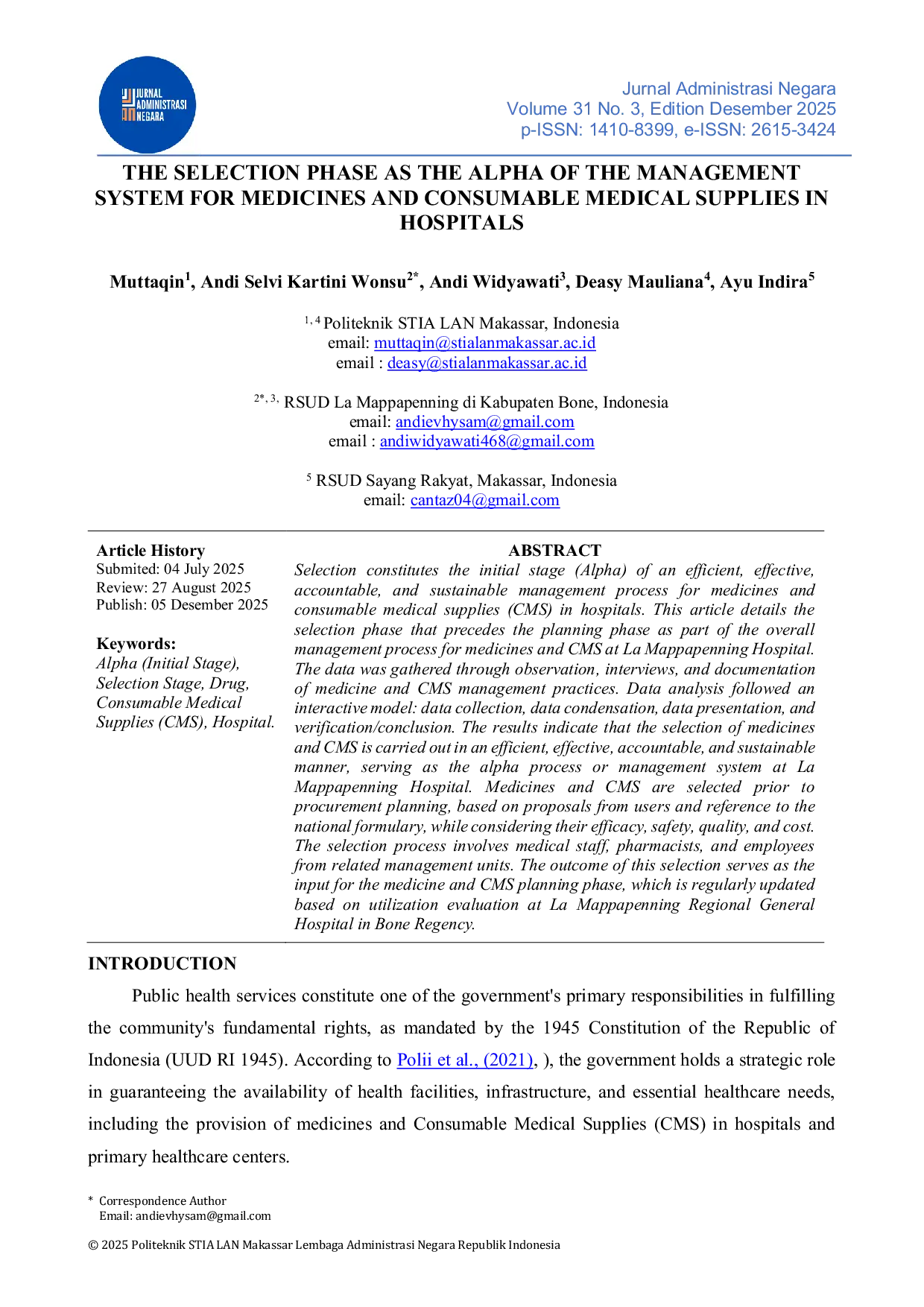 JURIS THE SELECTION PHASE AS THE ALPHA OF THE MANAGEMENT SYSTEM FOR MEDICINES AND CONSUMABLE MEDICAL SUPPLIES IN HOSPITALS