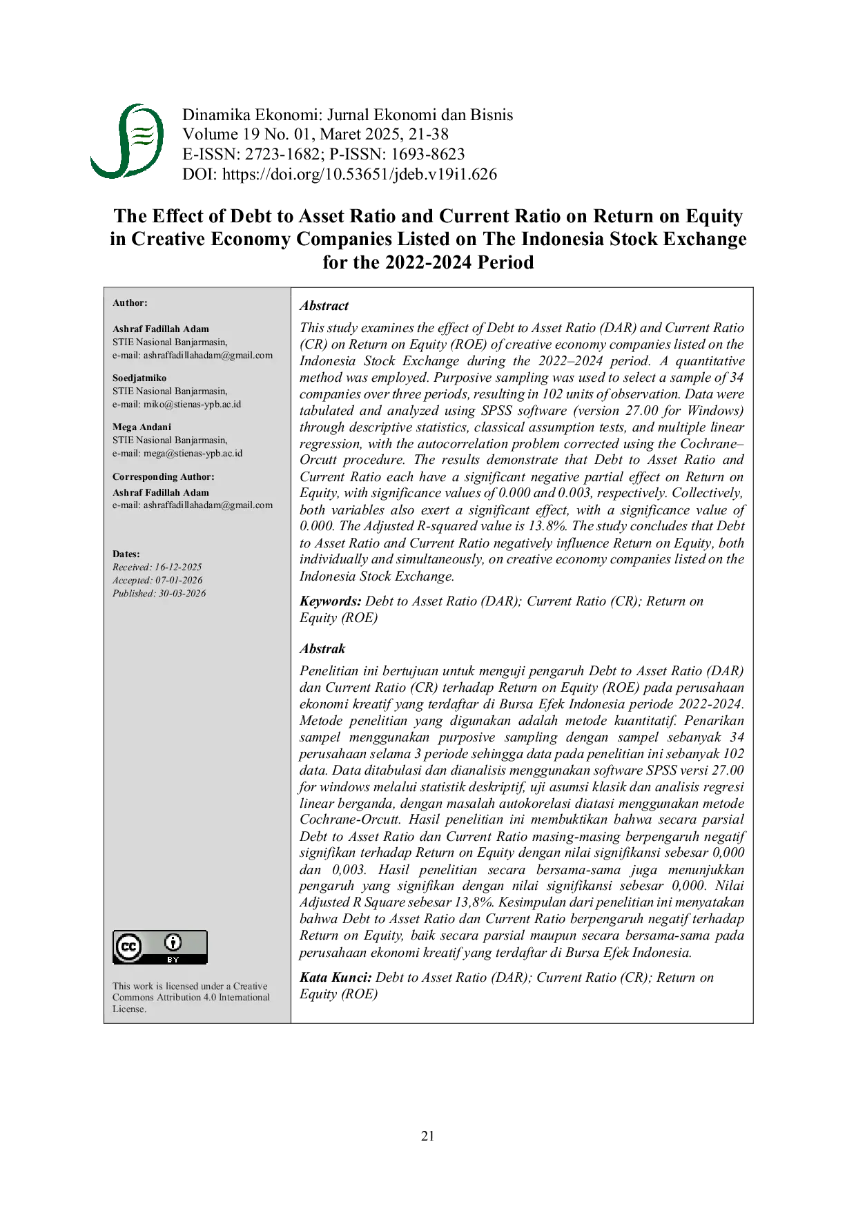 JURIS The Effect of Debt to Asset Ratio and Current Ratio on Return on Equity in Creative Economy Companies Listed on the Indonesia Stock Exchange for the 2022 2024 Period