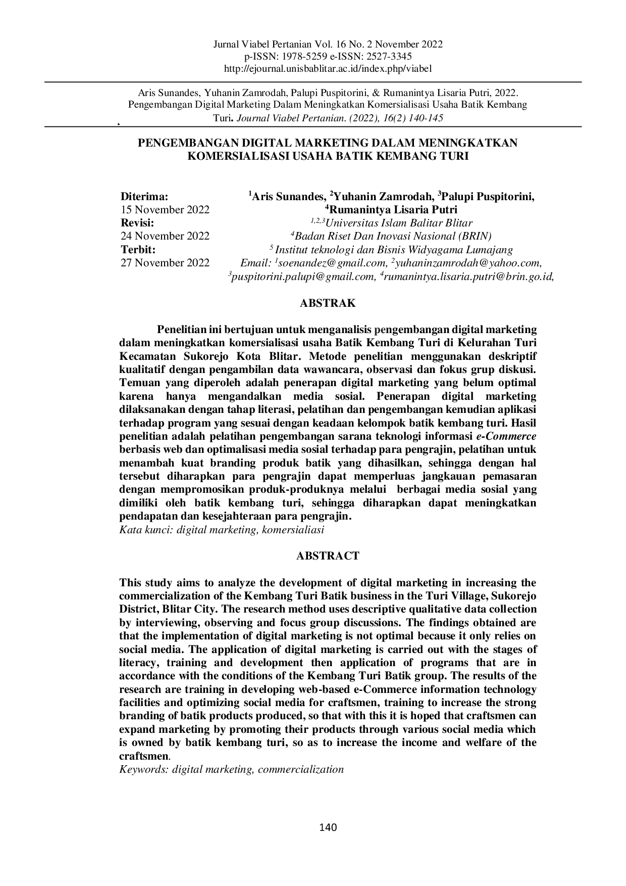 JURIS Pengembangan Digital Marketing Dalam Meningkatkan Komersialisasi Usaha Batik Kembang Turi