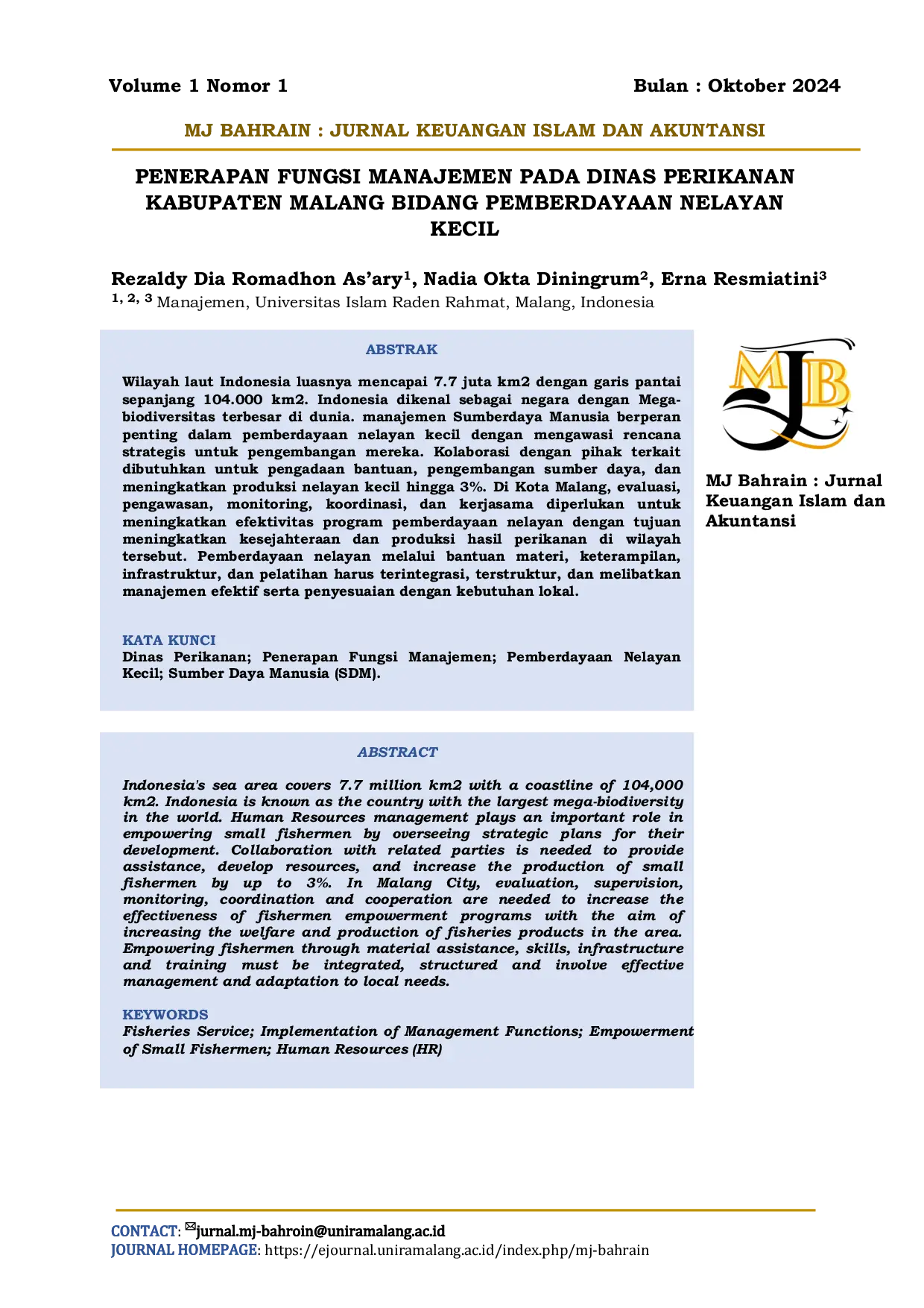 JURIS Penerapan Fungsi Manajemen Pada Dinas Perikanan Kabupaten Malang Bidang Pemberdayaan Nelayan Kecil