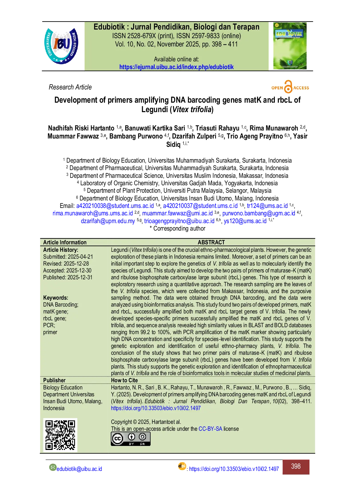 JURIS Development of Primers Amplifying DNA Barcoding Genes matK and rbcL of Legundi Vitex trifolia