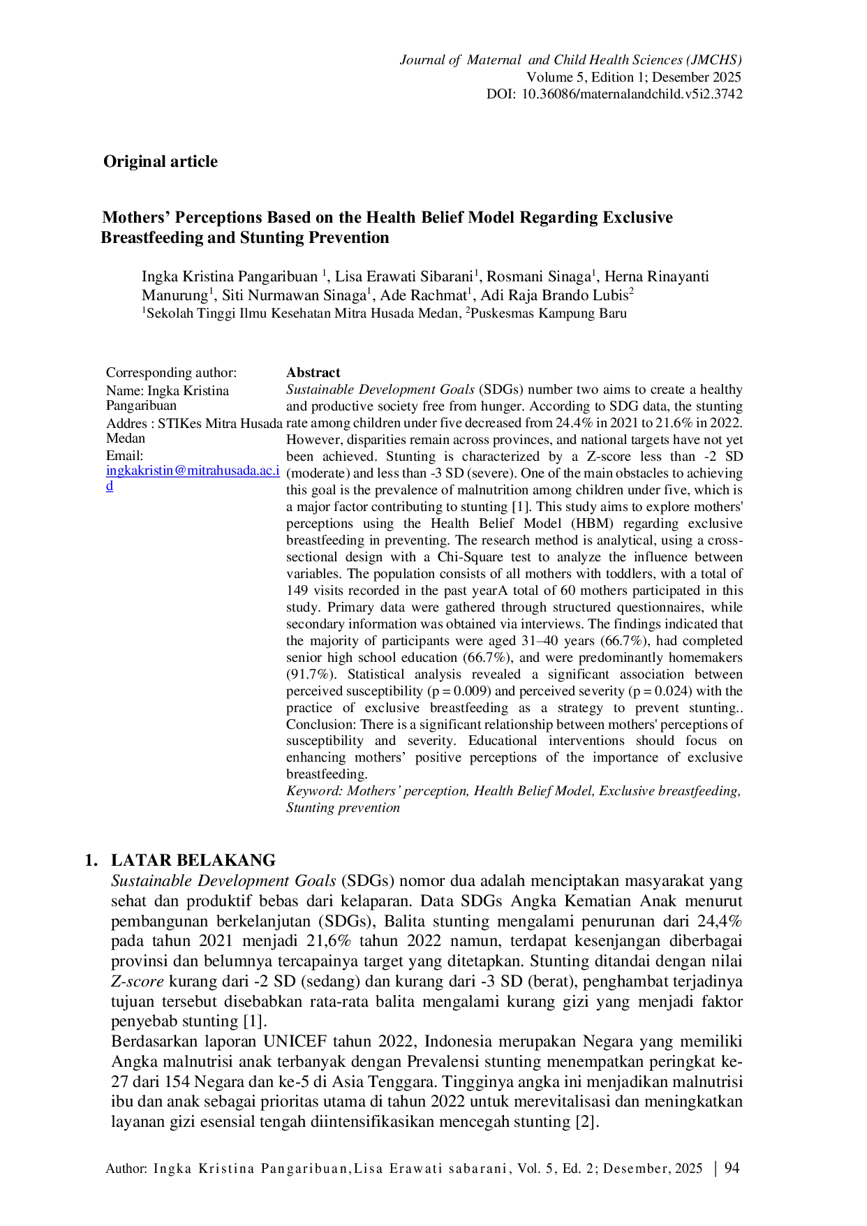 JURIS Mothers Perceptions Based on the Health Belief Model Regarding Exclusive Breastfeeding and Stunting Prevention