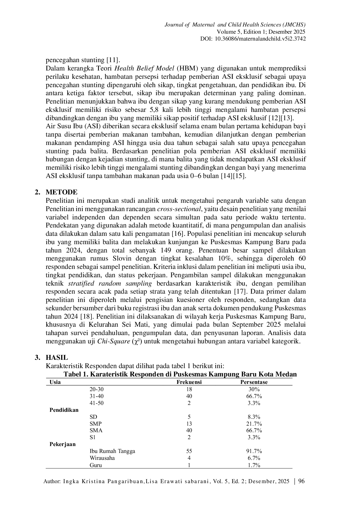JURIS Mothers Perceptions Based on the Health Belief Model Regarding Exclusive Breastfeeding and Stunting Prevention