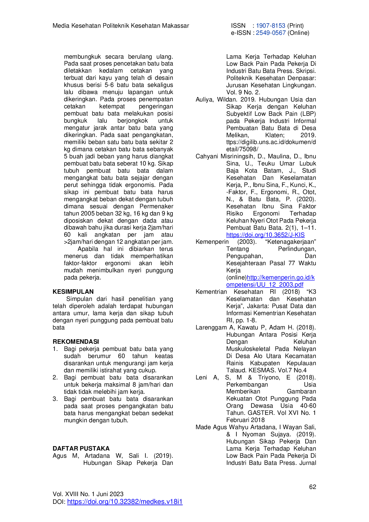 JURIS Analisis Faktor Risiko Nyeri Punggung Pada Pembuat Batu Bata Di Desa Bulogading Kecamatan Bontonompo Kabupaten Gowa