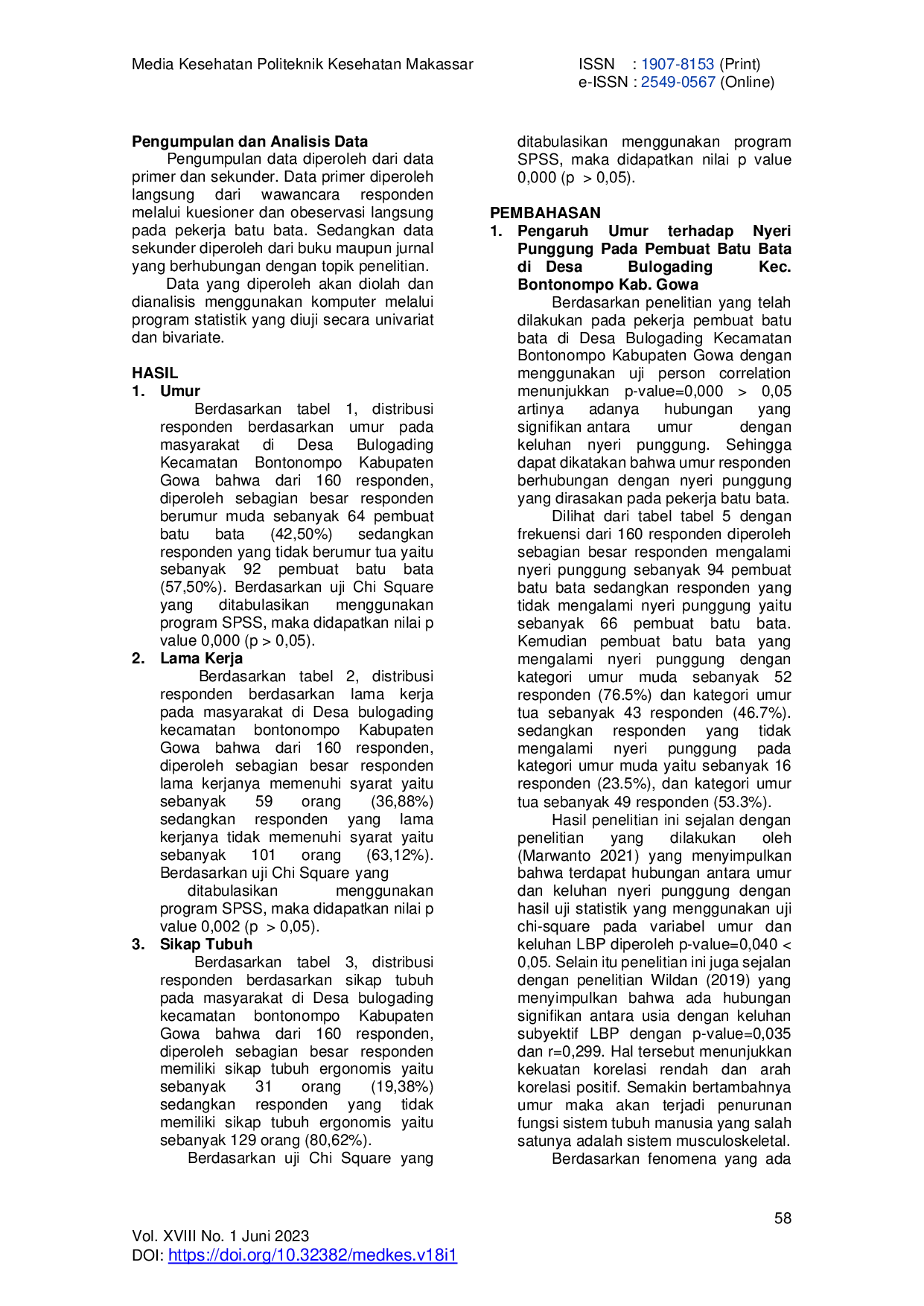 JURIS Analisis Faktor Risiko Nyeri Punggung Pada Pembuat Batu Bata Di Desa Bulogading Kecamatan Bontonompo Kabupaten Gowa