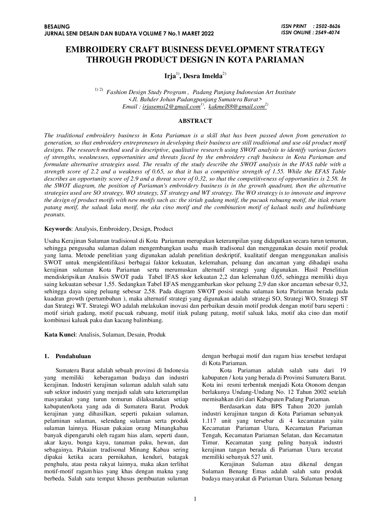 JURIS Embroidery Craft Business Development Strategy Through Product Design In Kota Pariaman