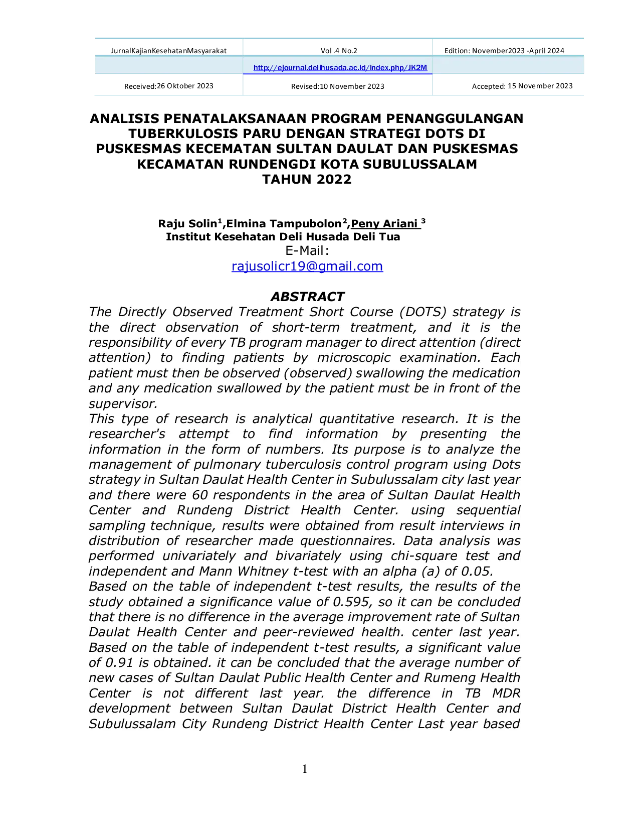 JURIS Analisis Penatalaksanaan Program Penanggulangan Tuberkulosis Paru Dengan Strategi Dots Di Puskesmas Kecamatan Sultan Daulat Dan Puskesmas Kecamatan Rundengdi Kota Subulussalam Tahun 2022