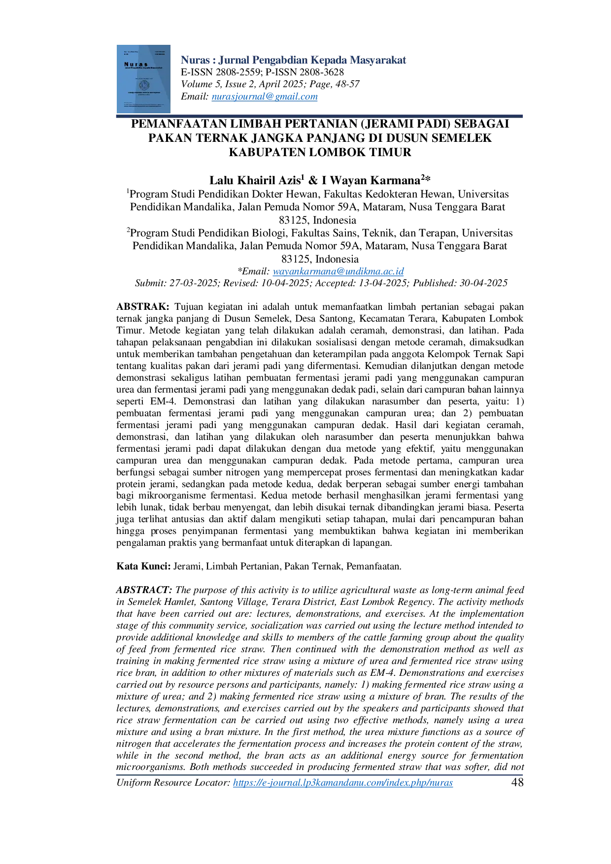 JURIS Pemanfaatan Limbah Pertanian Jerami Padi Sebagai Pakan Ternak Jangka Panjang di Dusun Semelek Kabupaten Lombok Timur