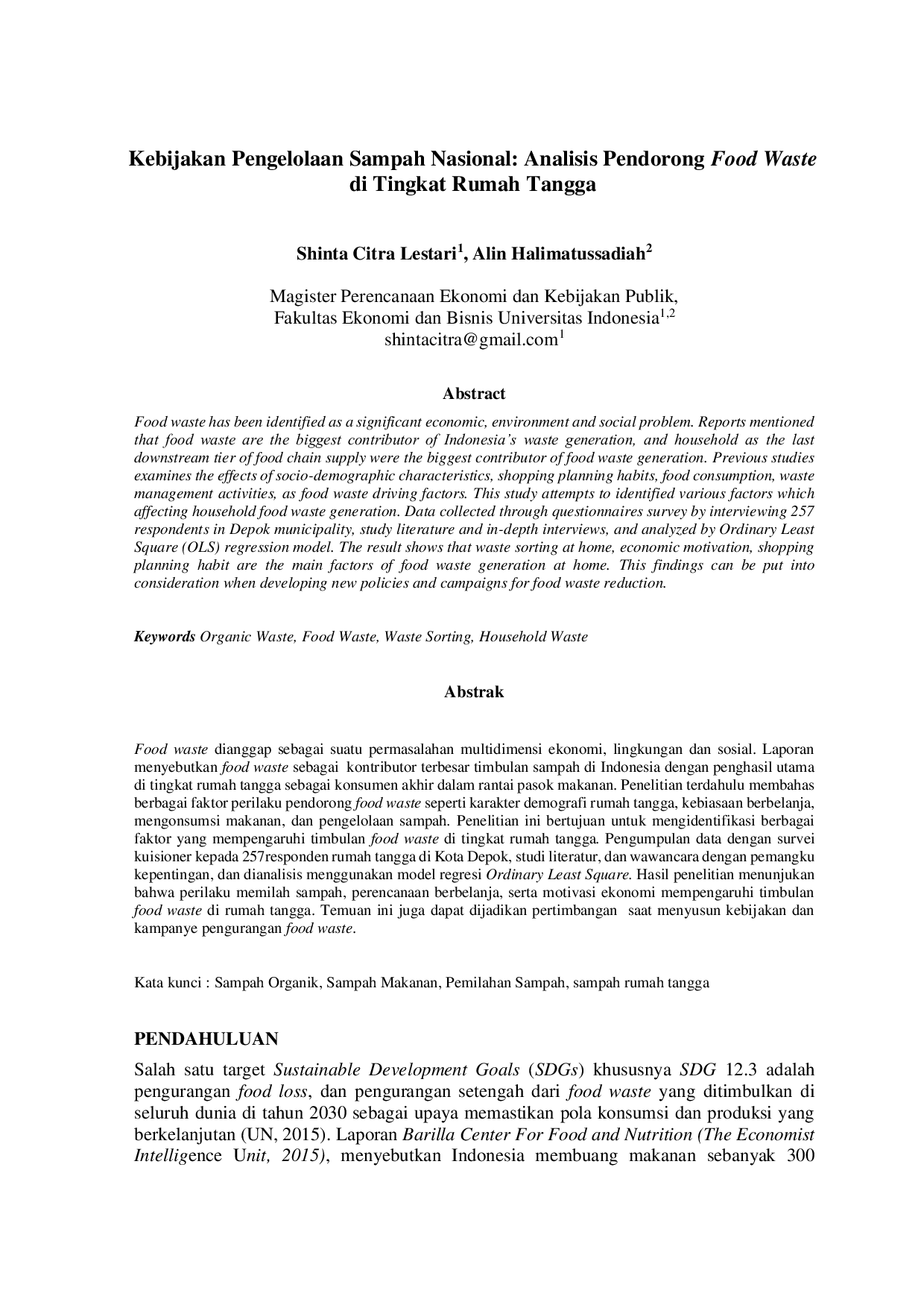 JURIS Kebijakan Pengelolaan Sampah Nasional Analisis Pendorong Food Waste di Tingkat Rumah Tangga