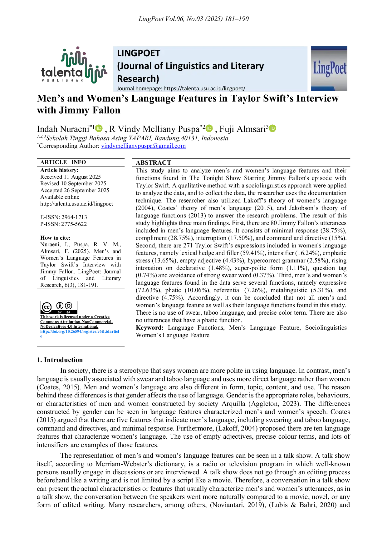 JURIS Men s and Women s Language Features in Taylor Swift s Interview with Jimmy Fallon