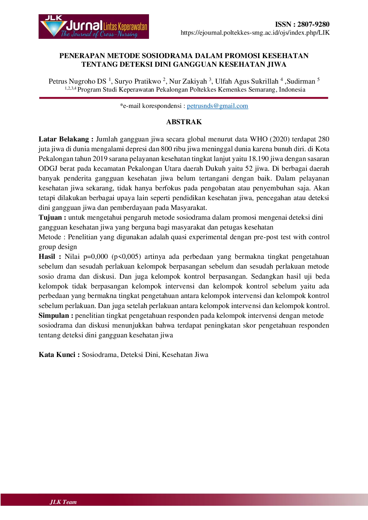 JURIS Penerapan Metode Sosiodrama Dalam Promosi Kesehatan Tentang Deteksi Dini Gangguan Kesehatan Jiwa