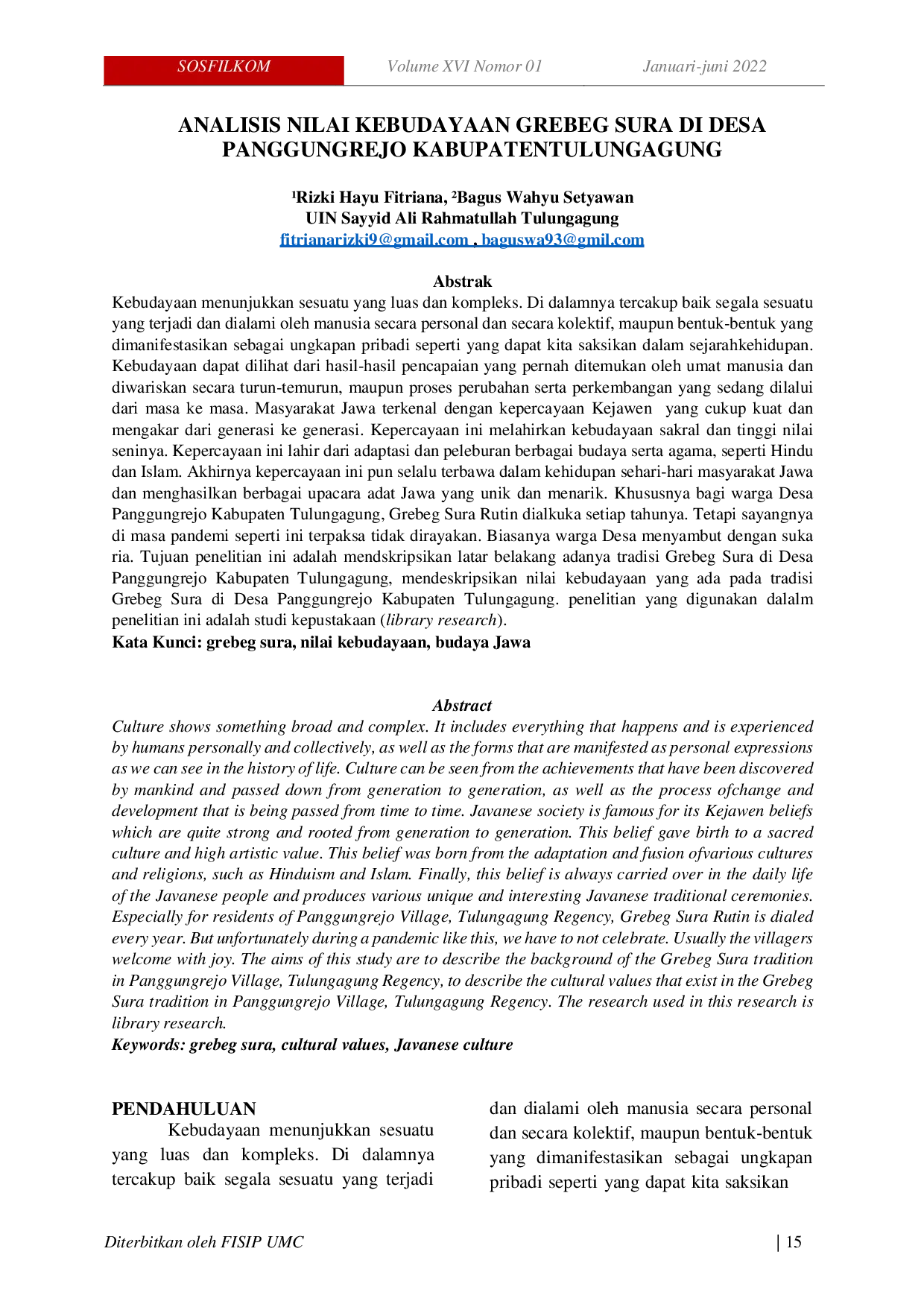 JURIS Grebeg Sura Analisis Nilai Kebudayaan Grebeg Sura di Desa Panggungrejo Kabupaten Tulungagung Nilai Kebudayaan Grebeg Sura di Desa Panggungrejo Kabupaten Tulungagung