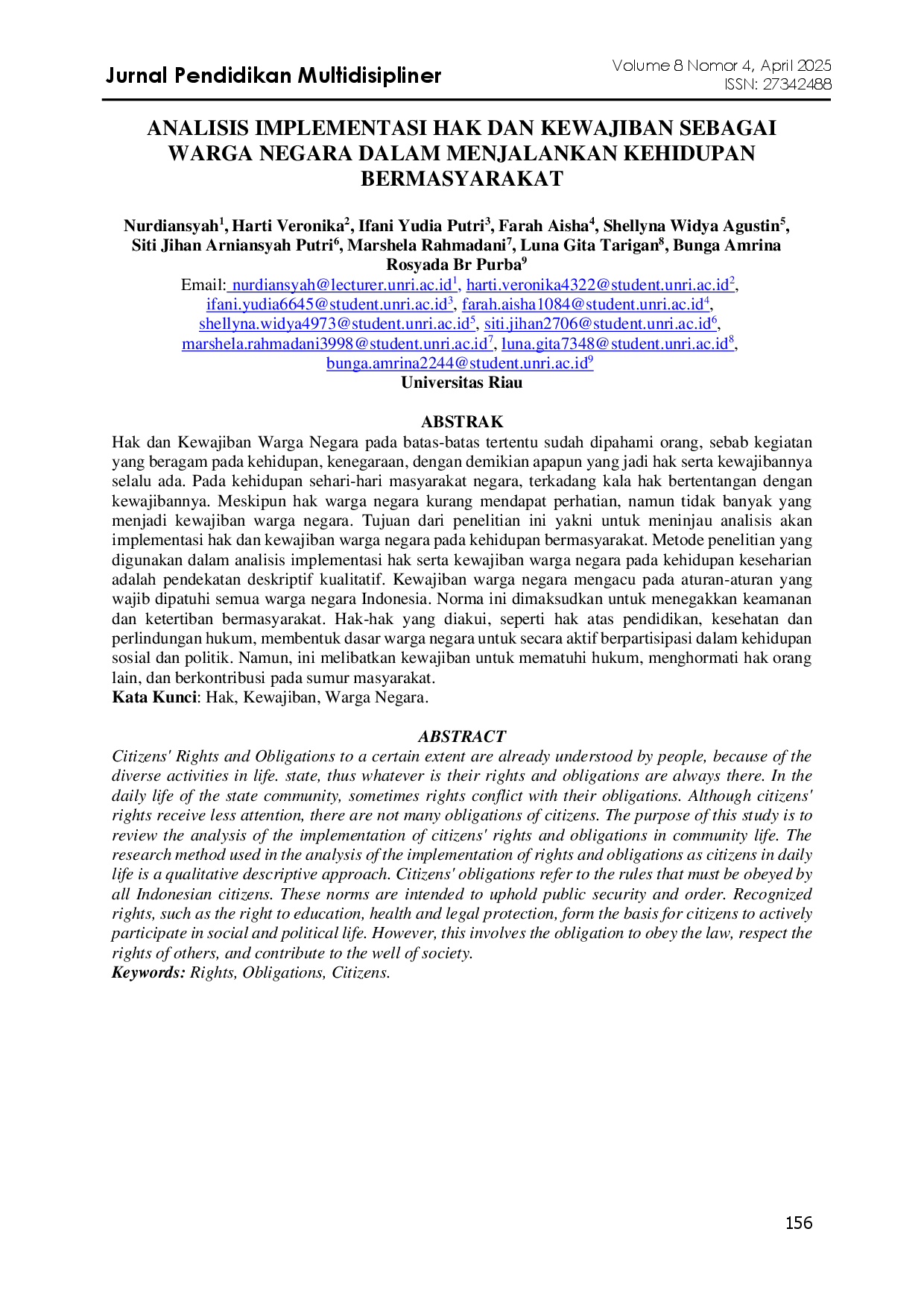 juris Analisis Implementasi Hak Dan Kewajiban Sebagai Warga Negara Dalam Menjalankan Kehidupan Bermasyarakat