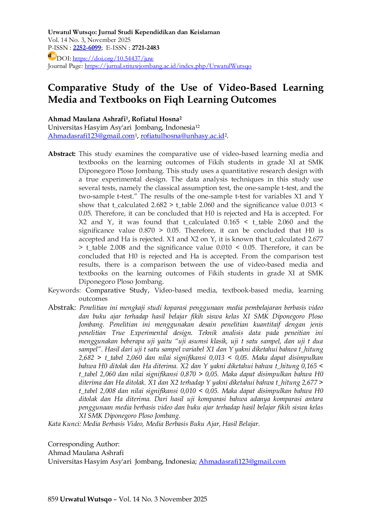 JURIS Comparative Study of the Use of Video Based Learning Media and Textbooks on Fiqh Learning Outcomes