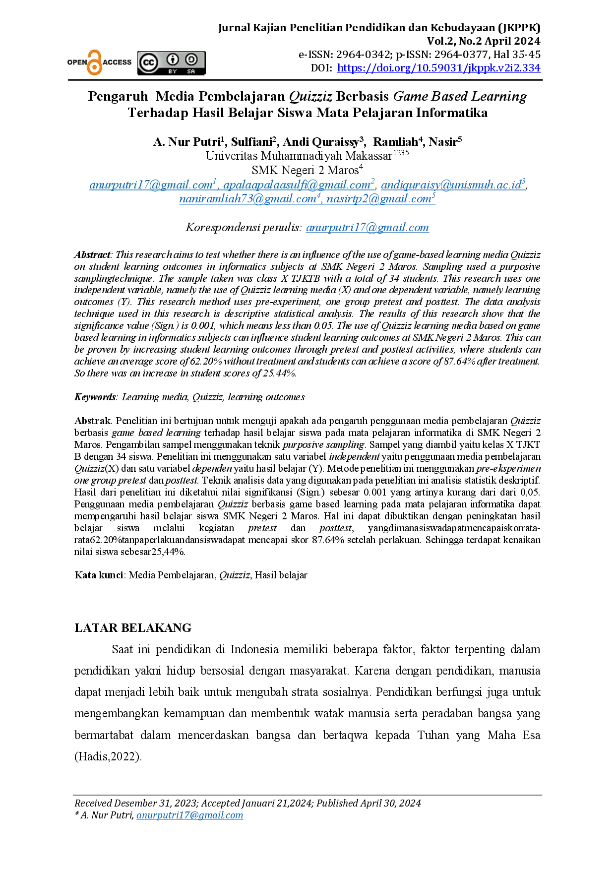 juris Pengaruh Media Pembelajaran Quizziz Berbasis Game Based Learning Terhadap Hasil Belajar Siswa Mata Pelajaran Informatika