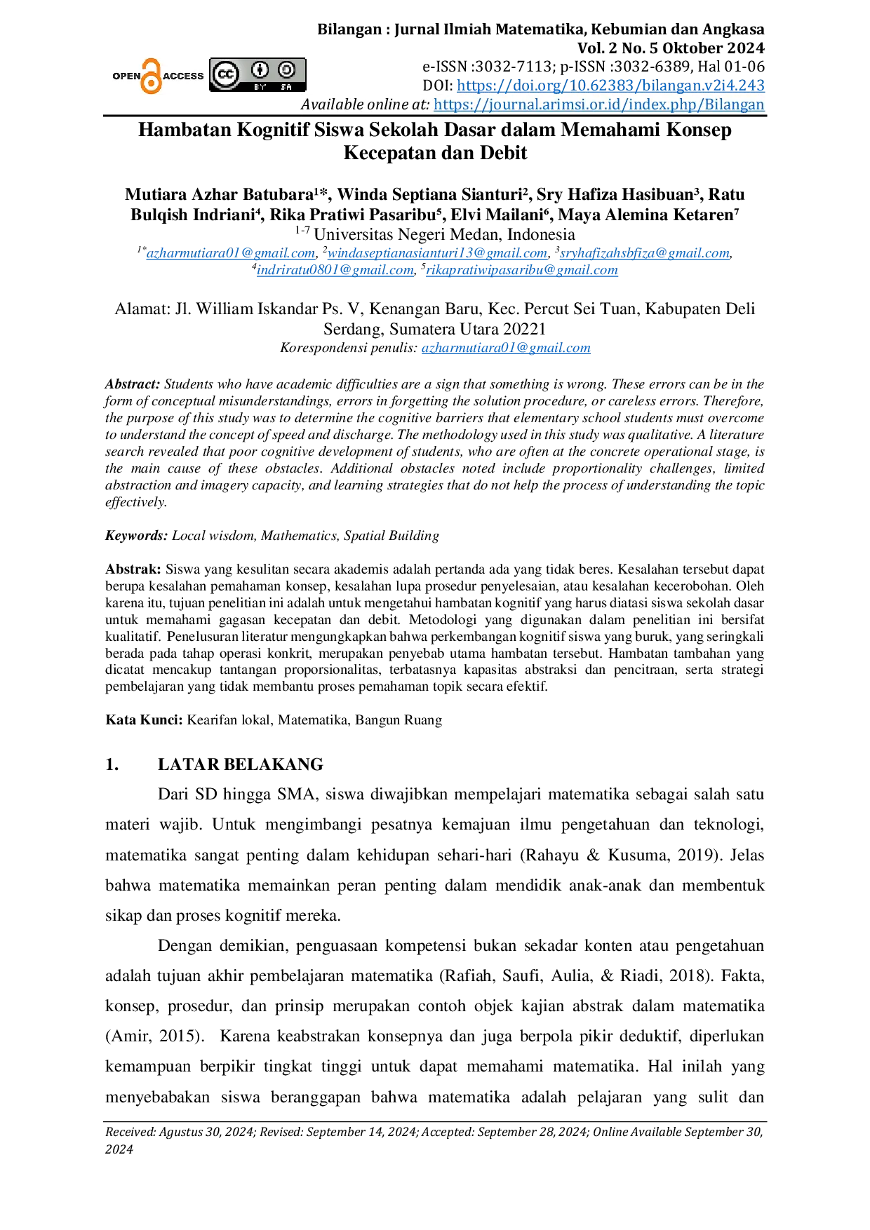 JURIS Hambatan Kognitif Siswa Sekolah Dasar dalam Memahami Konsep Kecepatan dan Debit