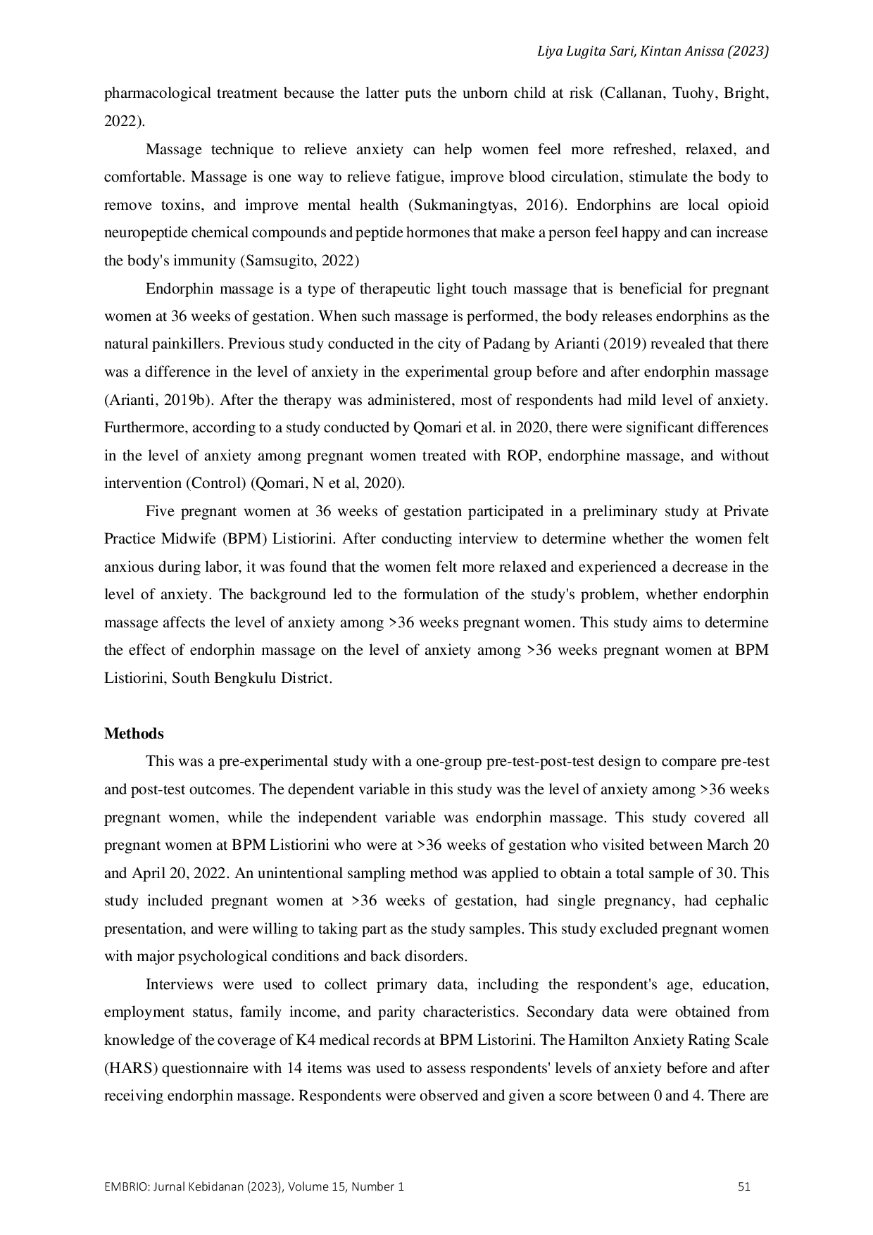 JURIS Effect of Endorphin Massage on the Level of Anxiety Among 36 Weeks Pregnant Women