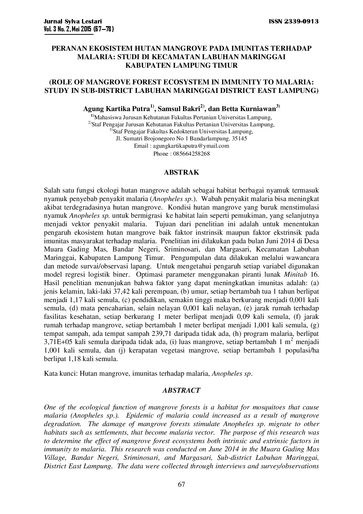 juris Peranan Ekosistem Hutan Mangrove pada Imunitas terhadap Malaria Studi di Kecamatan Labuhan Maringgai Kabupaten Lampung Timur Role of Mangrove Forest Ecosystem in Immunity to Malaria Study in Sub Di