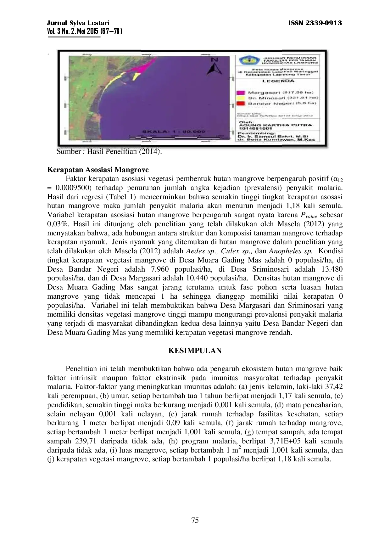 juris Peranan Ekosistem Hutan Mangrove pada Imunitas terhadap Malaria Studi di Kecamatan Labuhan Maringgai Kabupaten Lampung Timur Role of Mangrove Forest Ecosystem in Immunity to Malaria Study in Sub Di