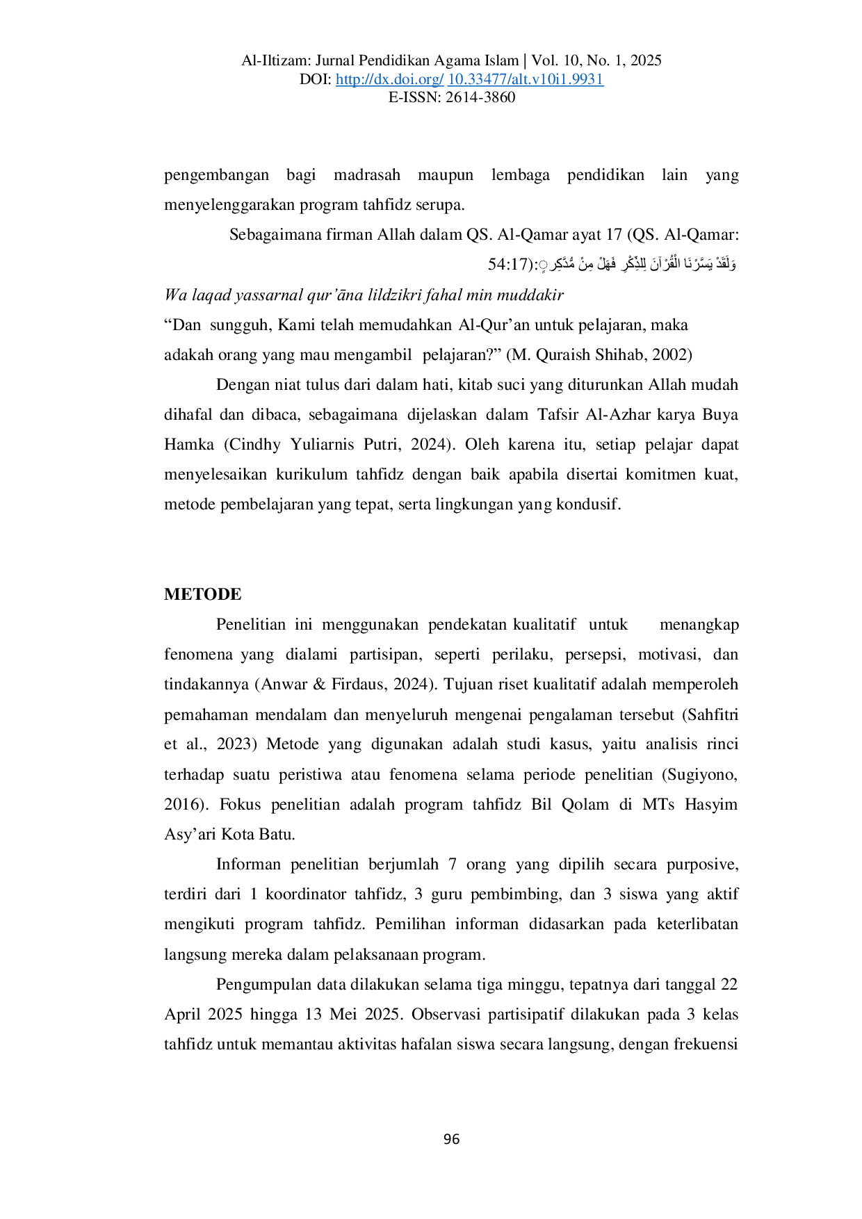 JURIS Implementasi Program Tahfidz Al Qur an dengan Metode Bil Qolam di MTs Hasyim Asy ari Kota Batu