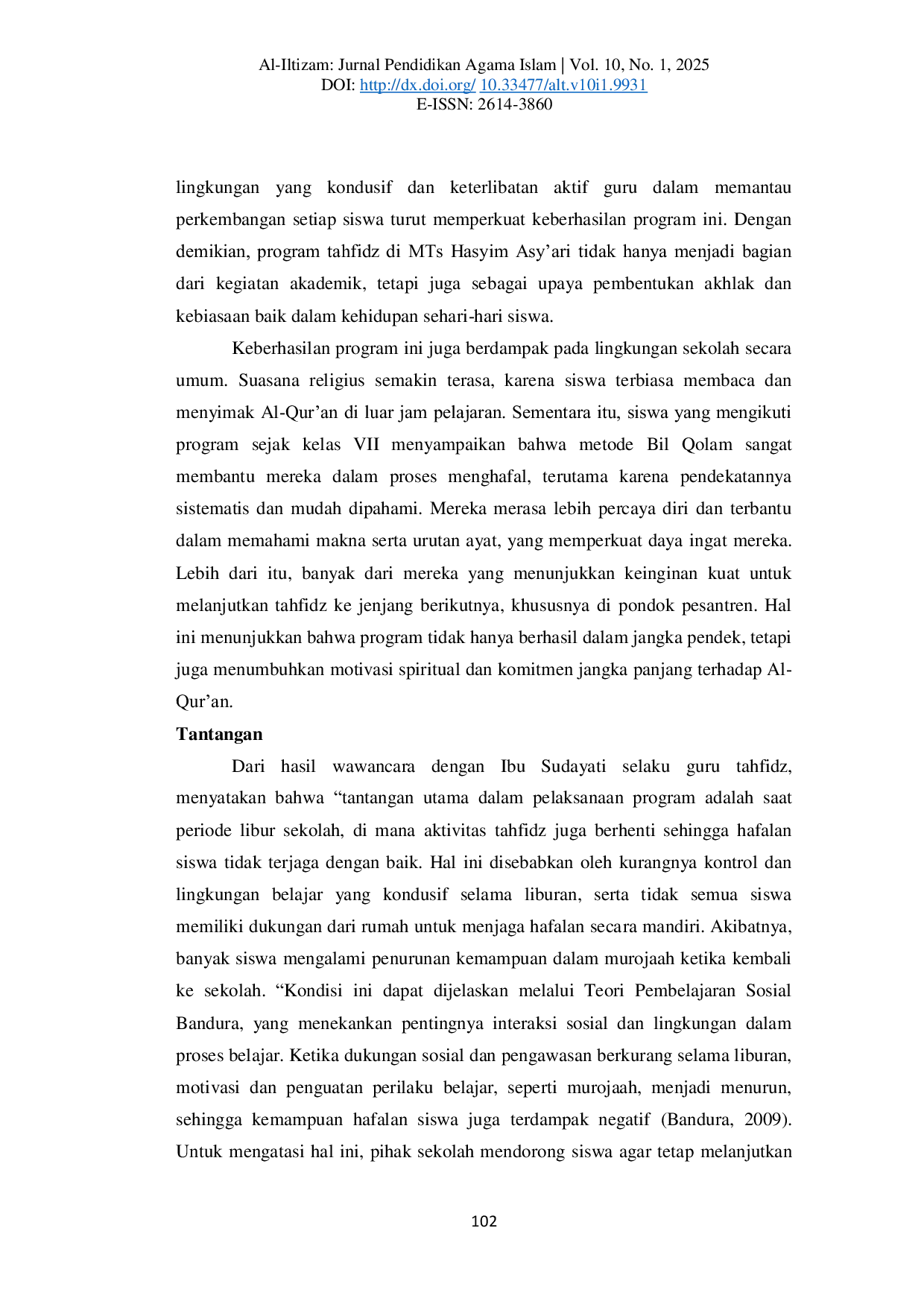 JURIS Implementasi Program Tahfidz Al Qur an dengan Metode Bil Qolam di MTs Hasyim Asy ari Kota Batu