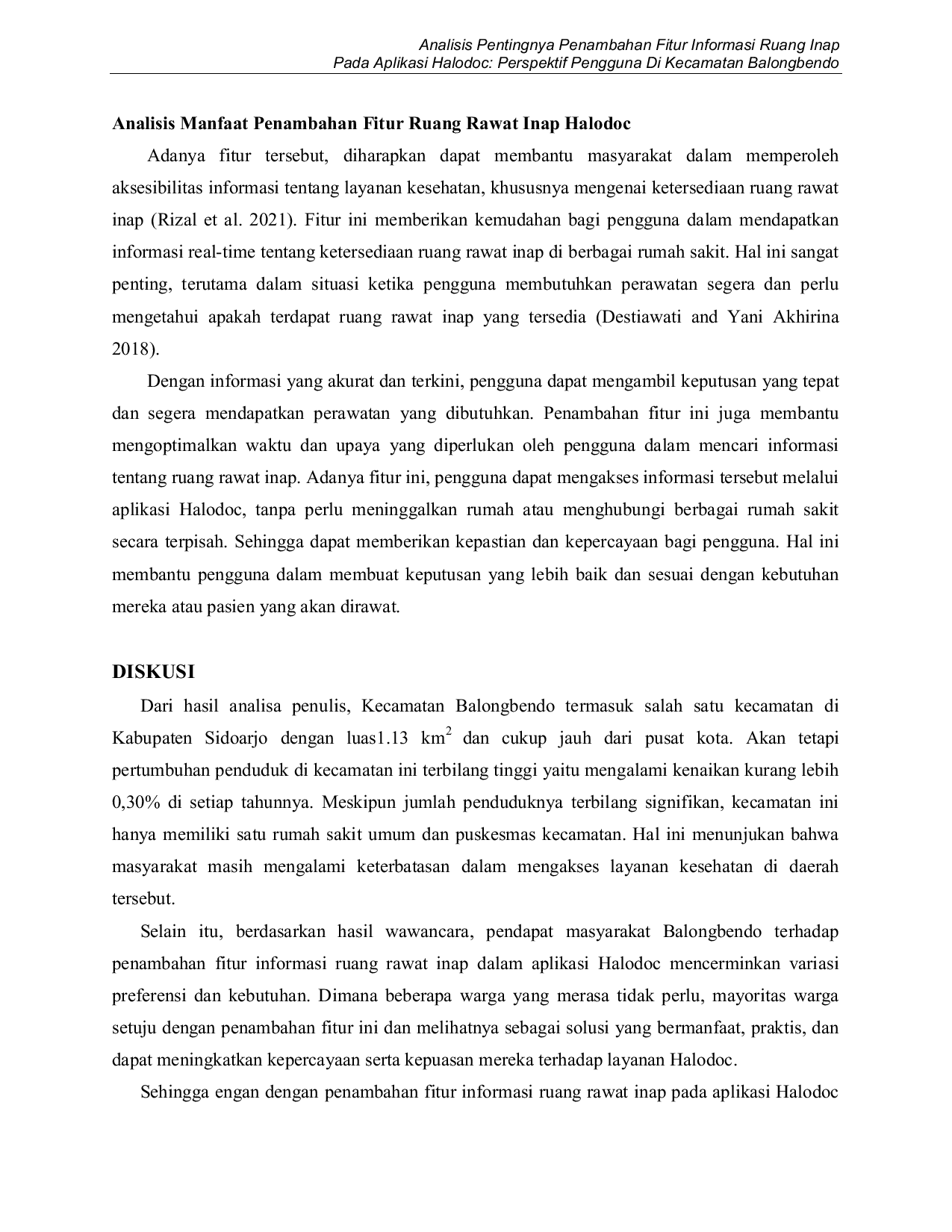 JURIS Analisis Pentingnya Penambahan Fitur Informasi Ruang Inap Pada Aplikasi Halodoc Perspektif Pengguna Di Kecamatan Balongbendo
