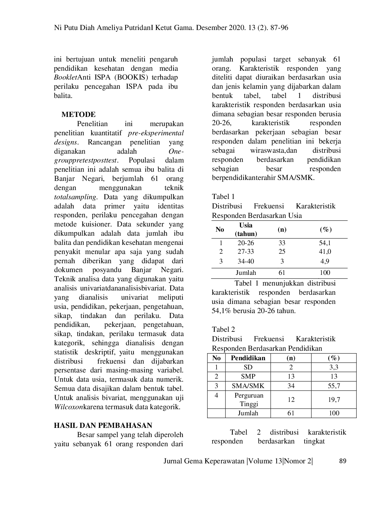 JURIS Pengaruh Pendidikan Kesehatan dengan Media Booklet Anti ISPA BOOKIS terhadap Perilaku Pencegahan ISPA pada Ibu Balita