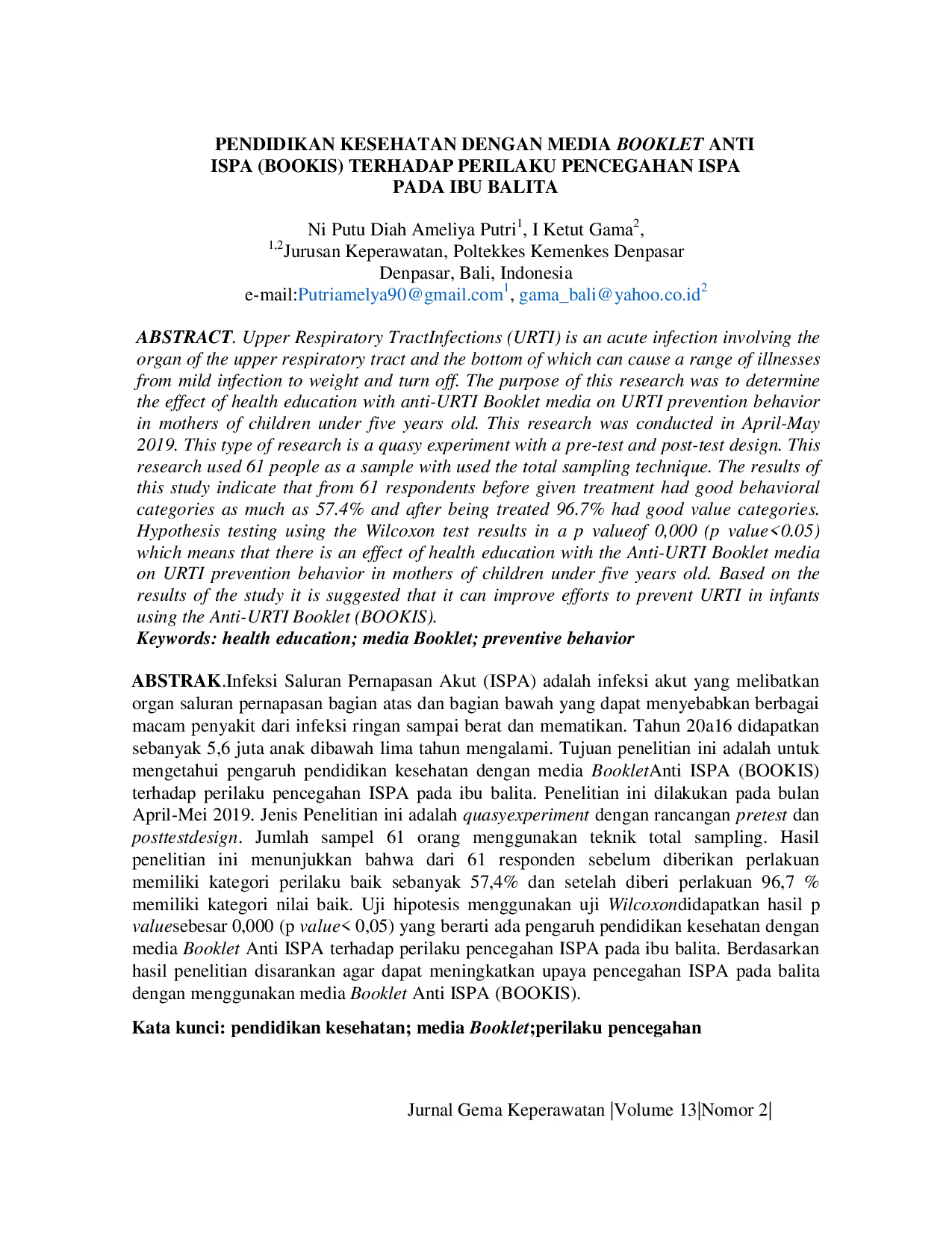 JURIS Pengaruh Pendidikan Kesehatan dengan Media Booklet Anti ISPA BOOKIS terhadap Perilaku Pencegahan ISPA pada Ibu Balita
