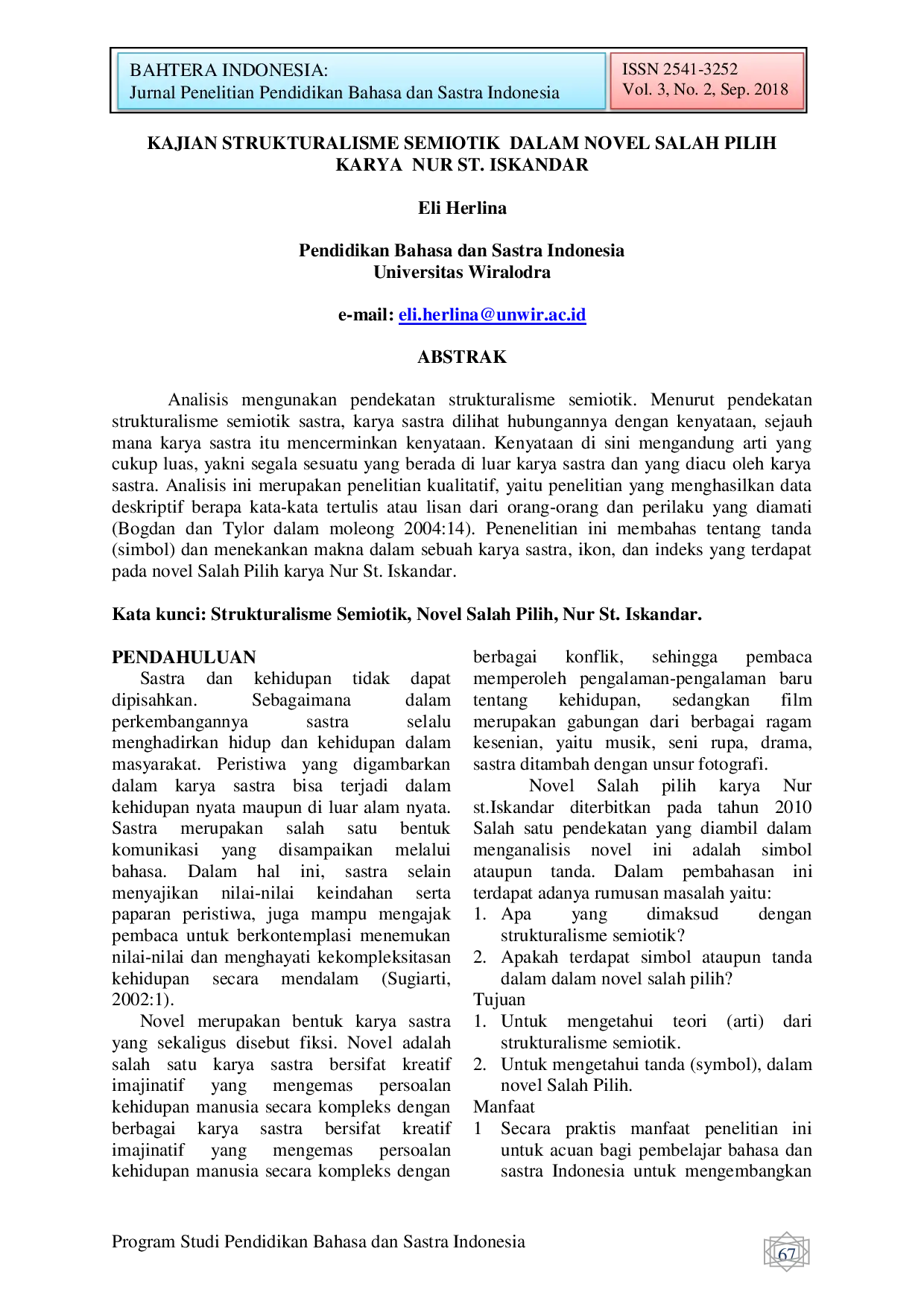 JURIS Kajian Strukturalisme Semiotik Dalam Novel Salah Pilih Karya Nur St Iskandar