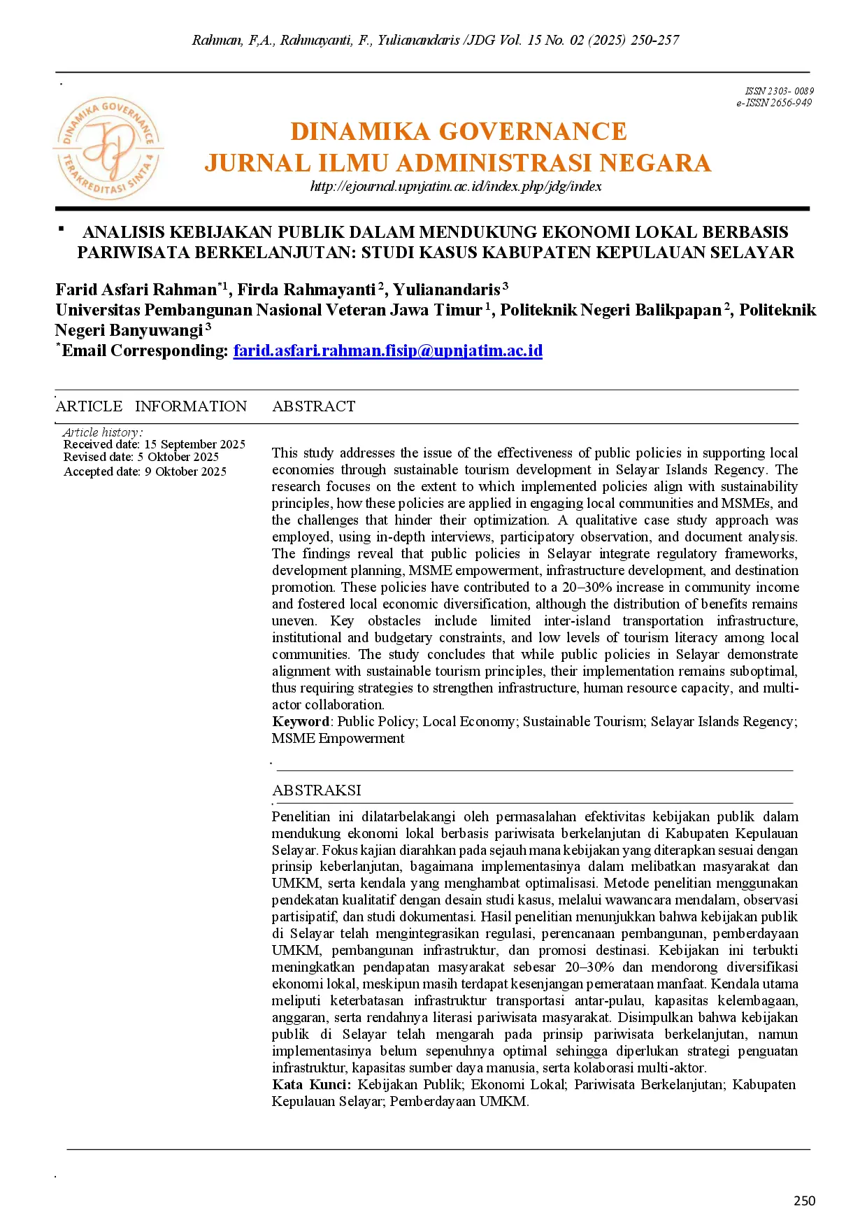 juris Analisis Kebijakan Publik Dalam Mendukung Ekonomi Lokal Berbasis Pariwisata Berkelanjutan Studi Kasus Kabupaten Kepulauan Selayar