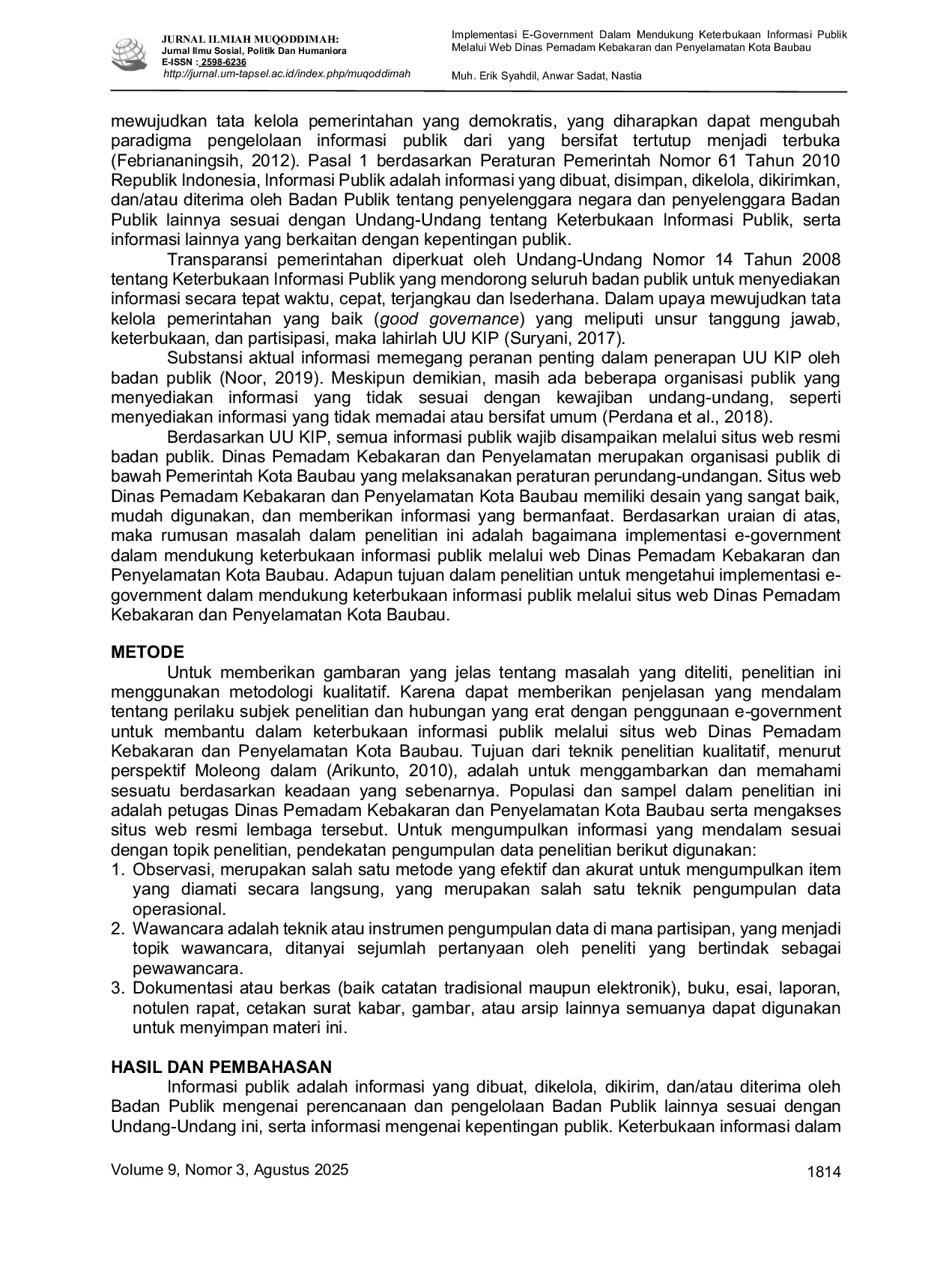 JURIS Implementasi E Government Dalam Mendukung Keterbukaan Informasi Publik Melalui Web Dinas Pemadam Kebakaran dan Penyelamatan Kota Baubau