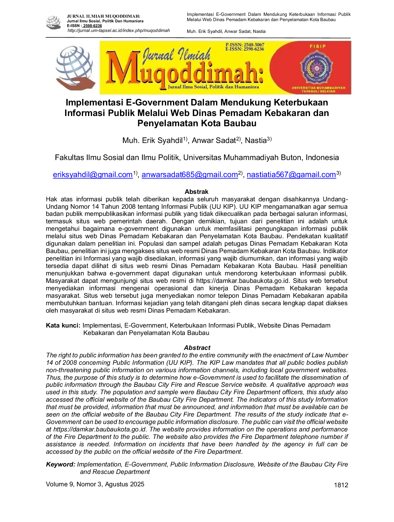 JURIS Implementasi E Government Dalam Mendukung Keterbukaan Informasi Publik Melalui Web Dinas Pemadam Kebakaran dan Penyelamatan Kota Baubau