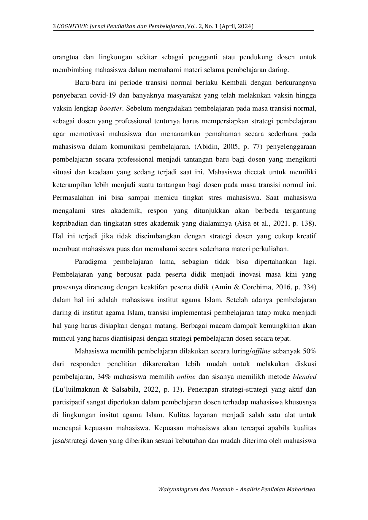 JURIS Analisis Penilaian Mahasiswa Terhadap Transisi Strategi Pembelajaran Dosen Institut Agama Islam