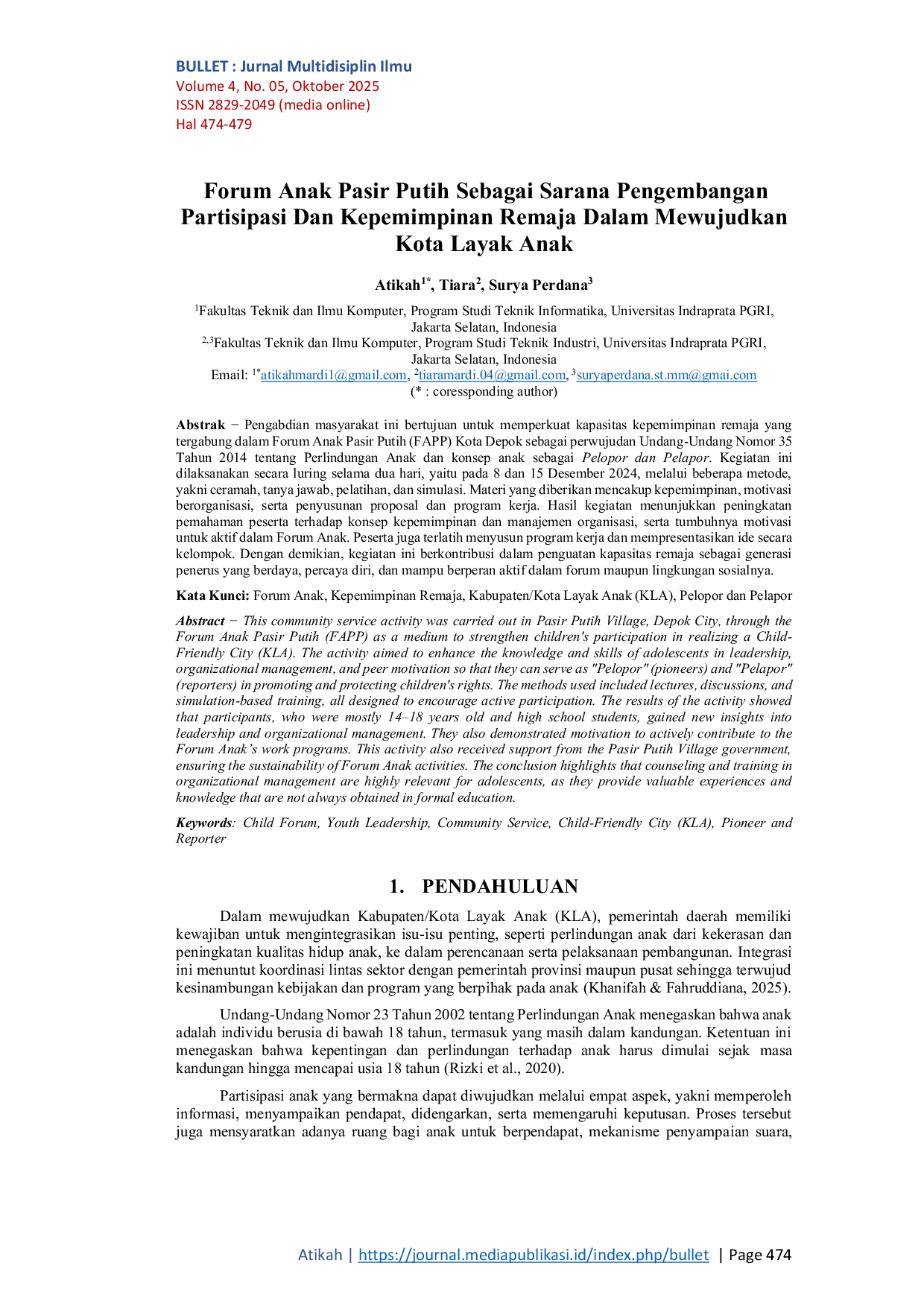 JURIS Forum Anak Pasir Putih Sebagai Sarana Pengembangan Partisipasi Dan Kepemimpinan Remaja Dalam Mewujudkan Kota Layak Anak