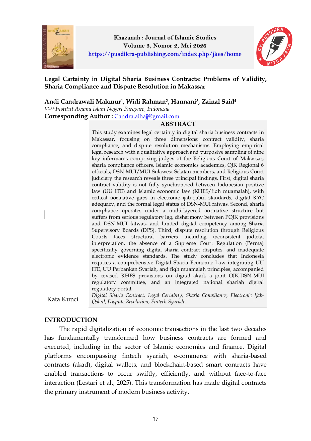 JURIS Legal Cartainty in Digital Sharia Business Contracts Problems of Validity Sharia Compliance and Dispute Resolution in Makassar