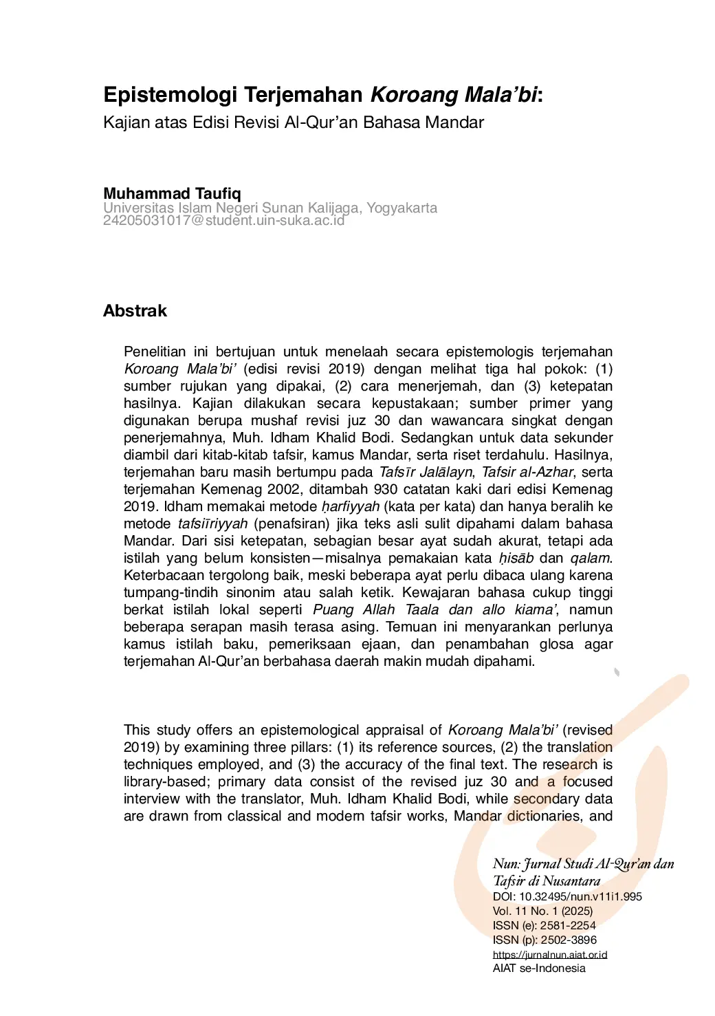 JURIS Epistemologi Terjemahan Koroang Mala bi Kajian Atas Edisi Revisi Al Qur an Bahasa Mandar