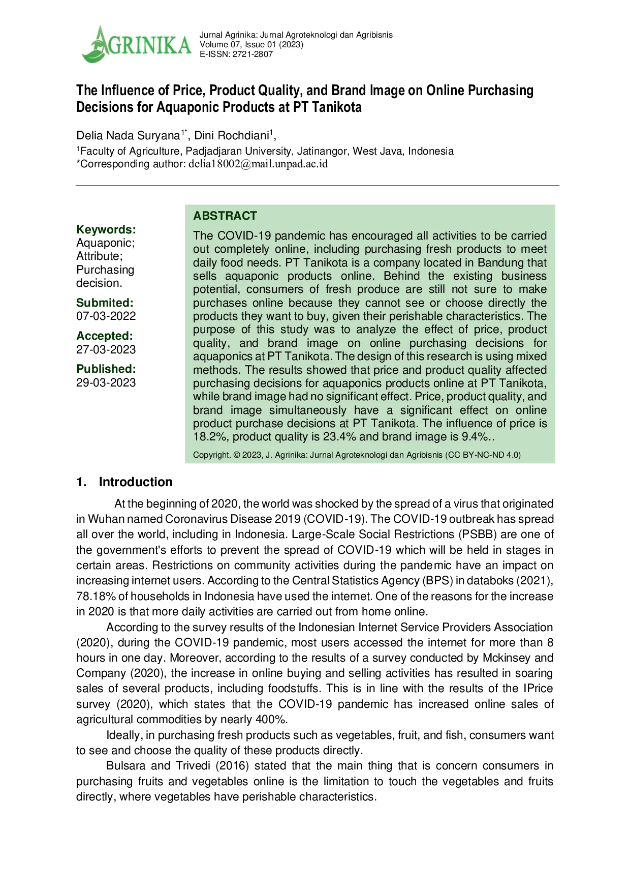 JURIS The Influence of Price Product Quality and Brand Image on Online Purchasing Decisions for Aquaponic Products at PT Tanikota